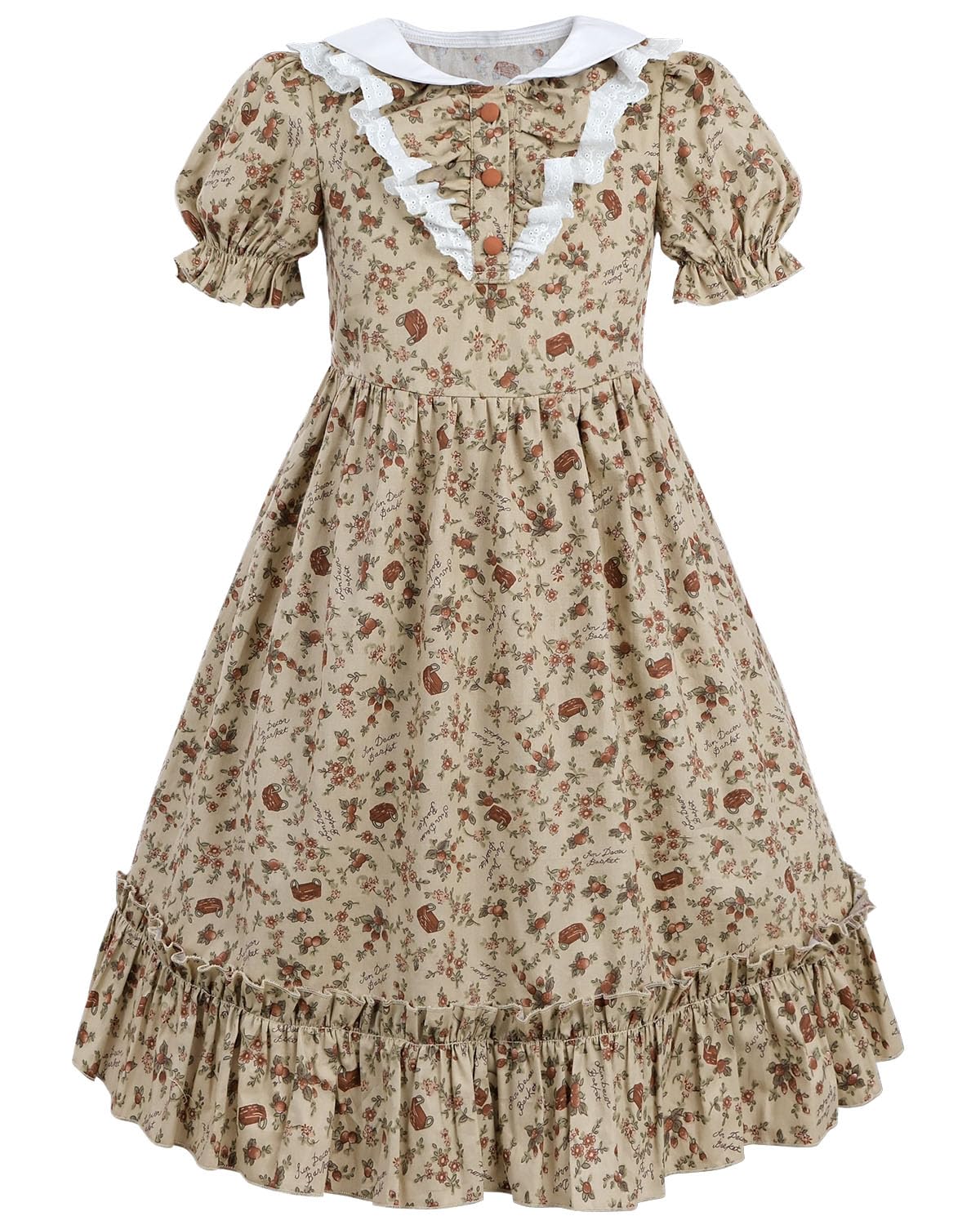 Fccam Colonial Costume Girls With Mob Cap Floral Pioneer Prairie Dress 1800S American Costume Brown Xl Age Over 4 Years Old
