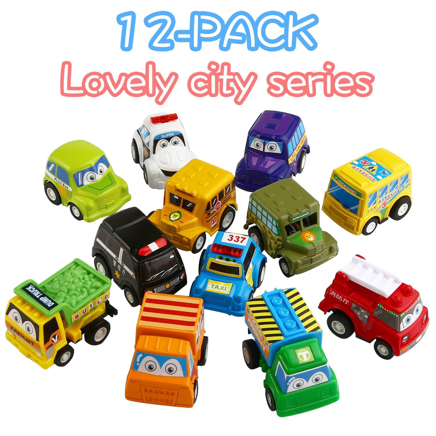 Funcorn Toys Pull Back Car, 12 Pack Assorted Mini Plastic Vehicle Set, Pull Back Truck and Car Toys for Boys Kids Toddler Party