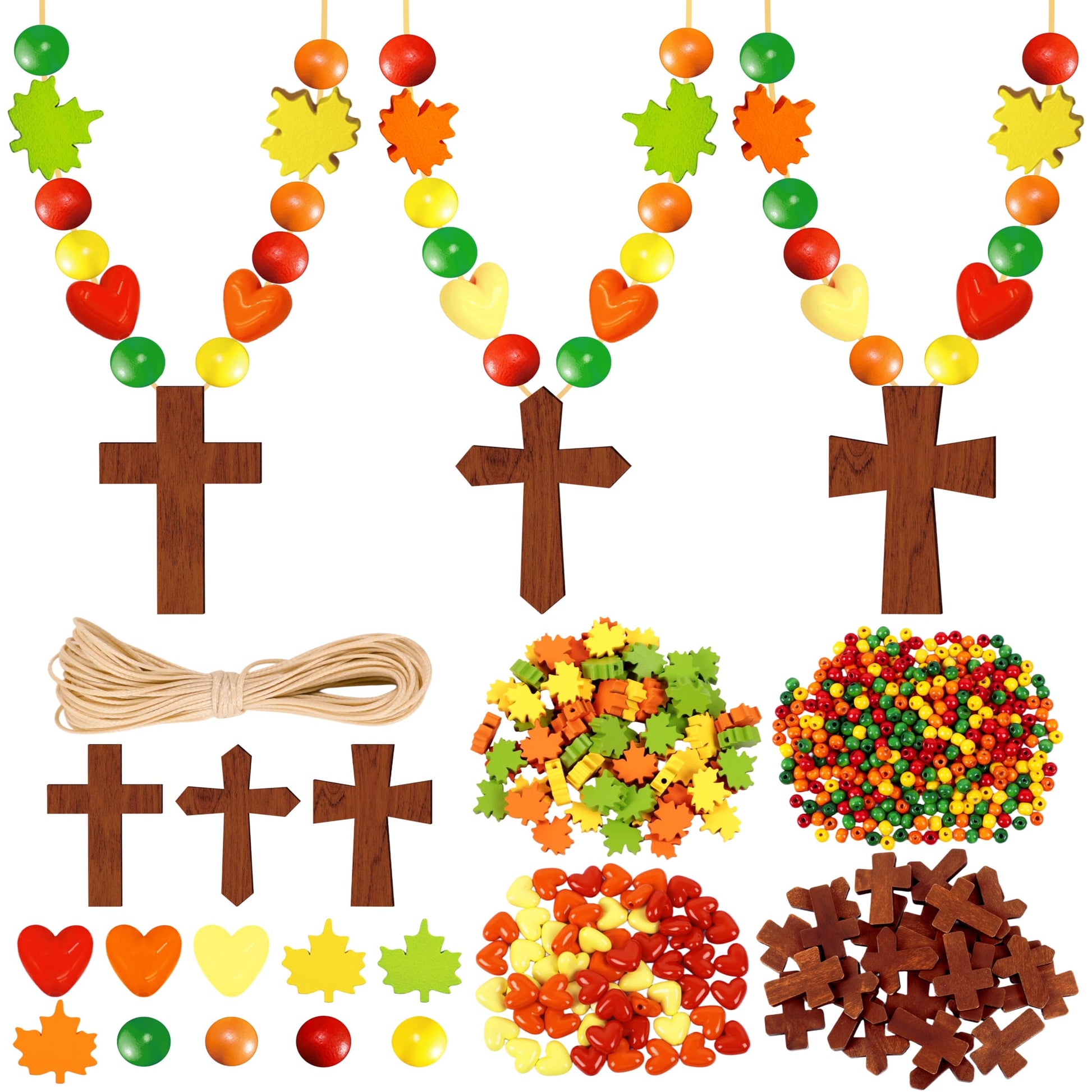 Eternity sky 27Pcs Fall Crafts for Kids - Thanksgiving DIY Religious Wooden Cross Beads Christian Necklace Kit for Autumn Sunday