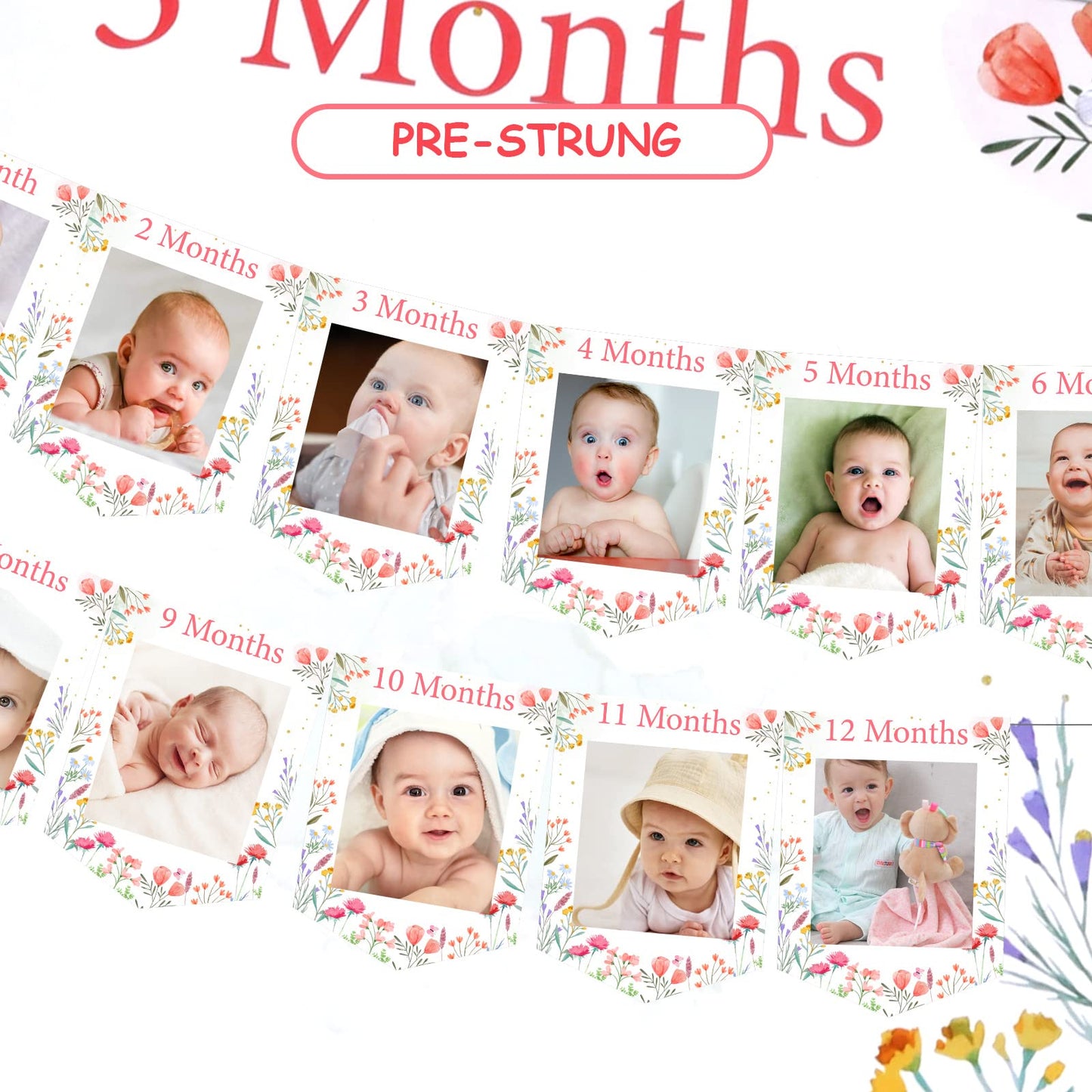Fangleland Wildflower Theme 1st Birthday Photo Banner from Newborn to 12 Months for Girls, Growth Record Monthly Milestone Pictu
