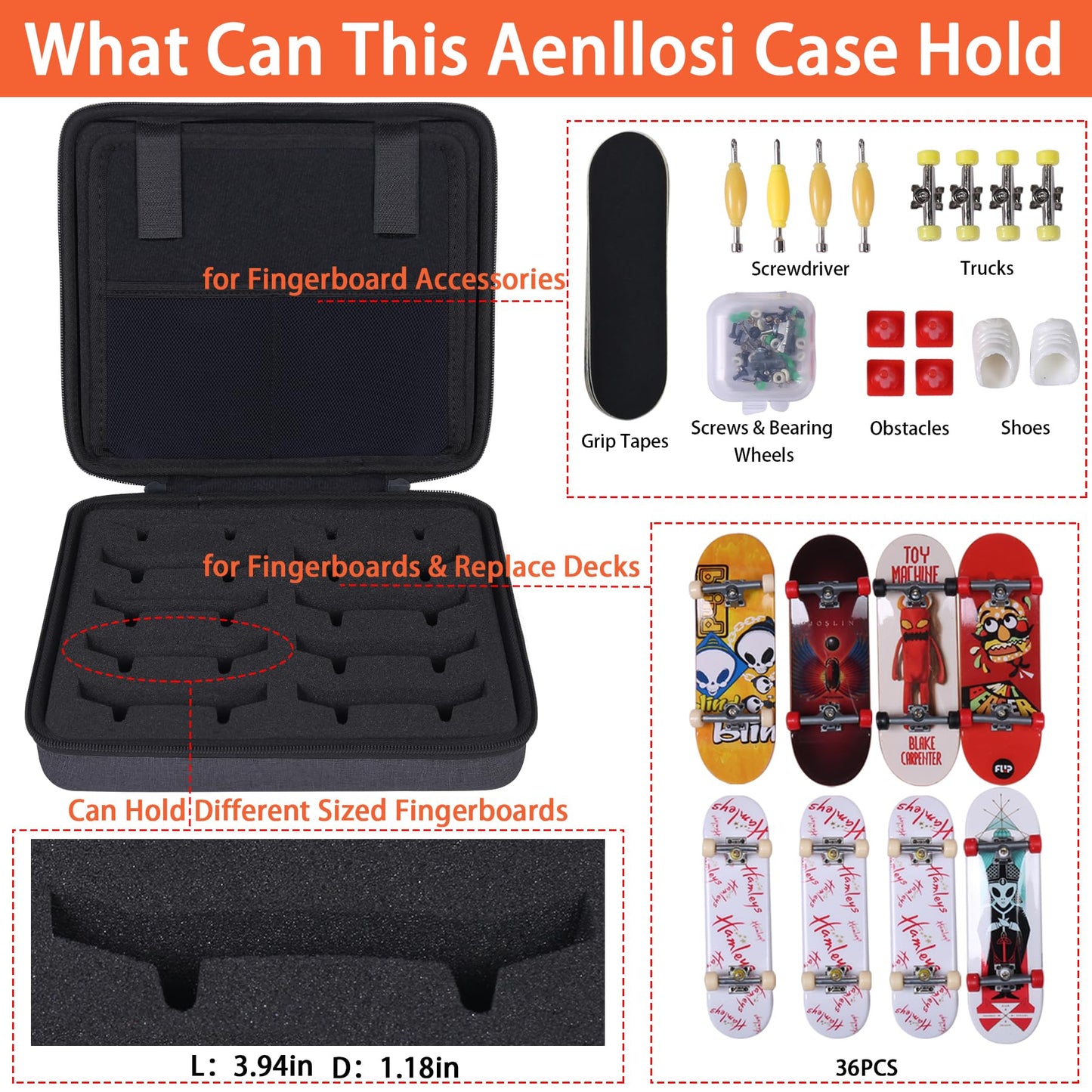 Aenllosi Hard Case For 36Pcs Fingerboards,Large Capacity Holder For Mini Finger Skateboards Toy,Compatible With Grip Tapes,Bearing Wheels,Trucks & Decks(Black,Case Only)