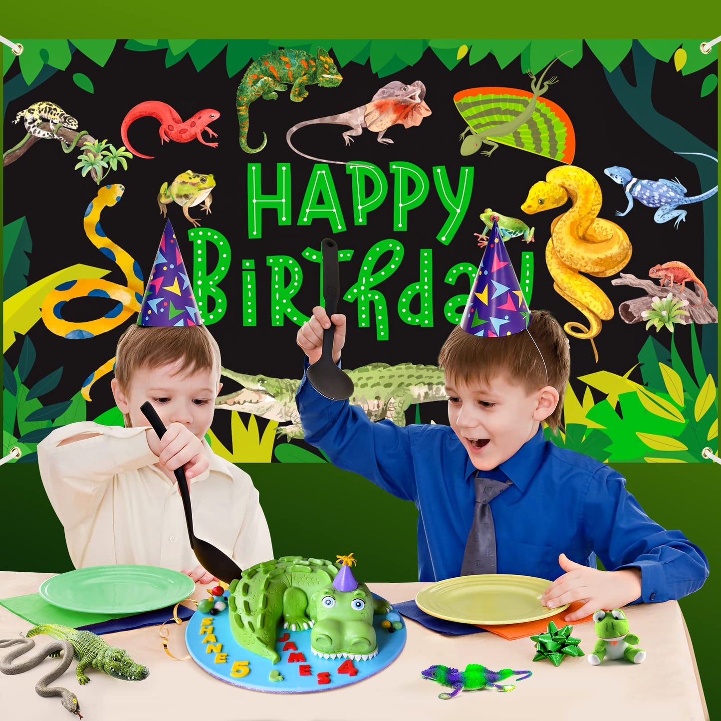 RUMIA Jungle Wild One Party Banner - Reptile Themed Decorations, 71 x 44 Inch, Polyester, Random Color, Kids Safari Animals