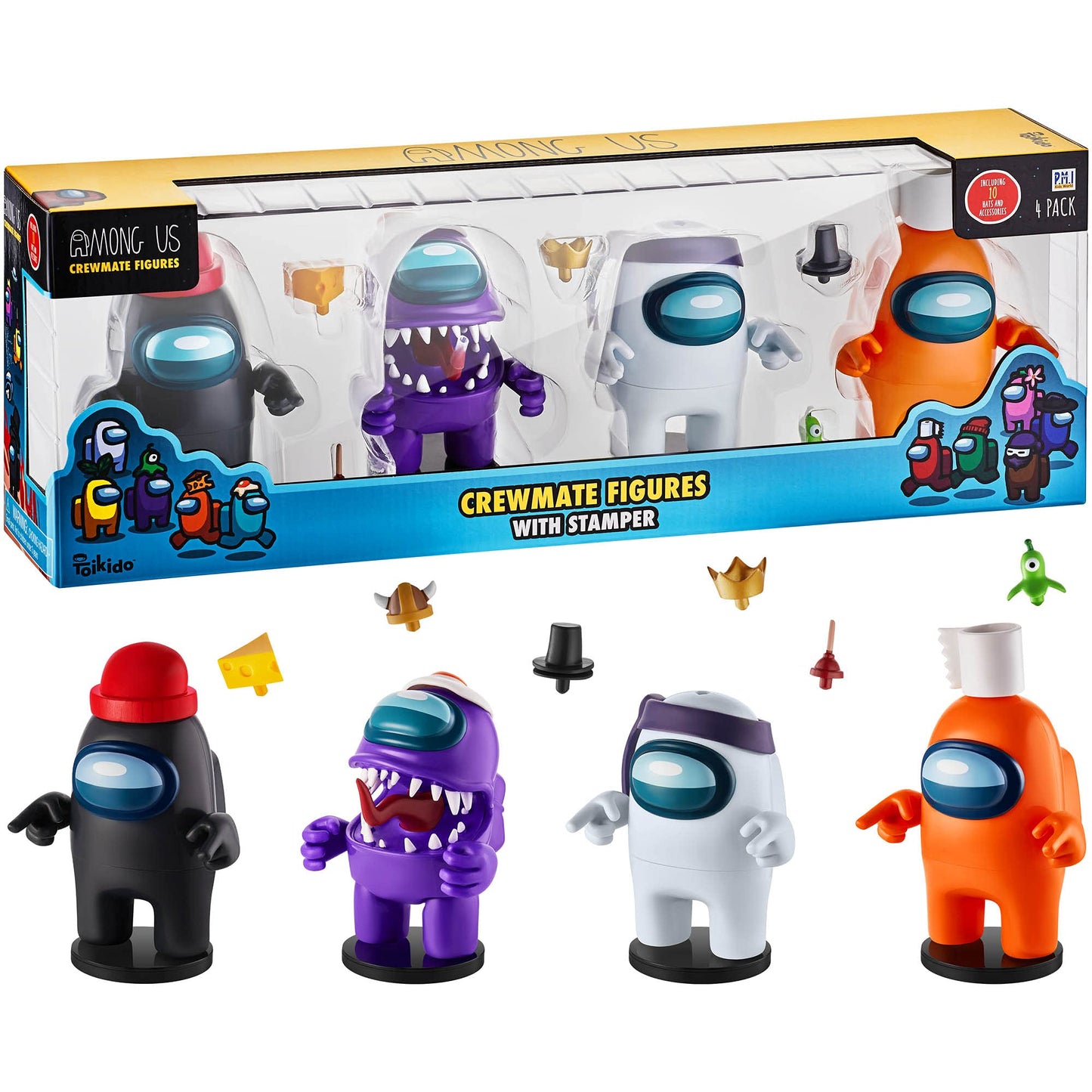 Four Among Us Crewmate Figures With Stampers | 4.5-Inch-Tall Among Us Toys + 10 Hats & Accessories| Among Us Party Favors And Playable Collectibles | Includes The Impostor With Mouth Open | By P.M.I.