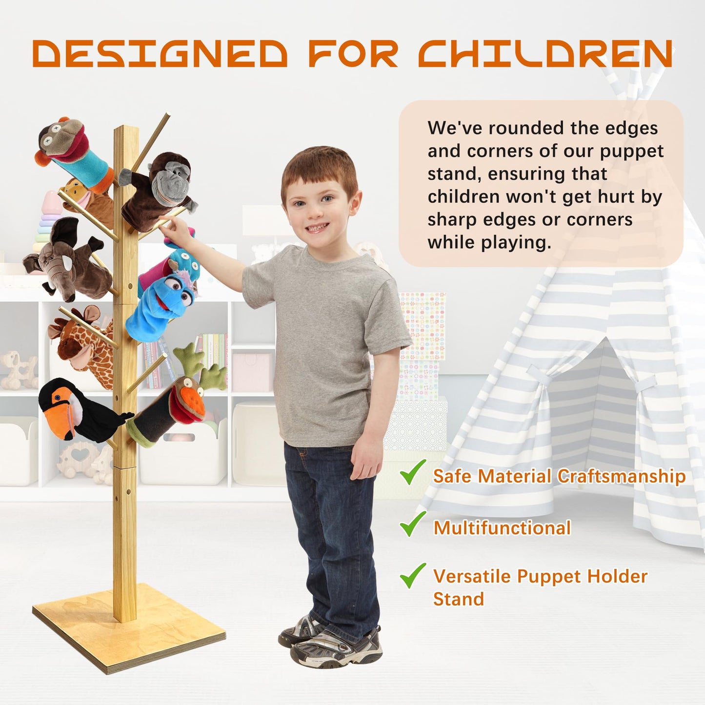 Montex Puppet Stand Up To 15 Puppets, Wooden Puppet Tree, Puppets Holders