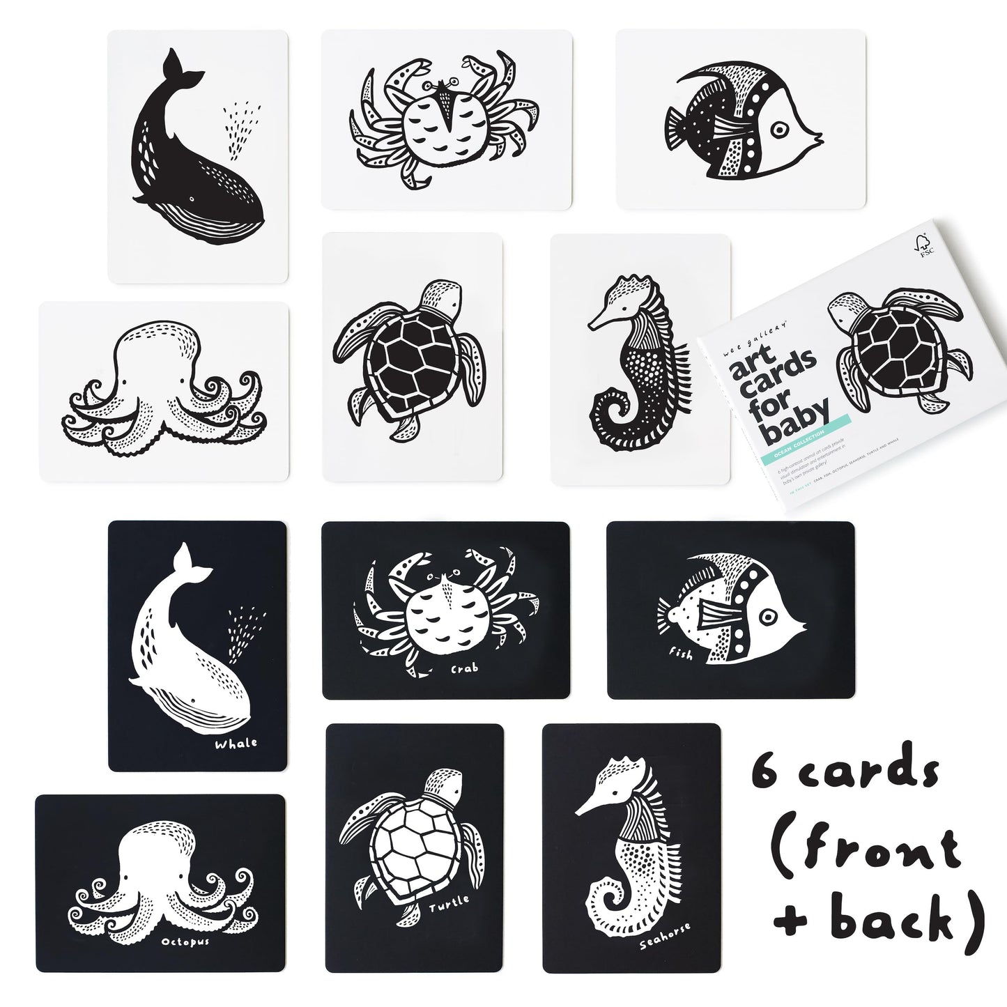 Wee Gallery Black And White Art Flash Cards For Babies, High Contrast Educational Animal Picture Cards, Baby Visual Stimulation, Brain And Memory Development In Infants And Toddlers - Ocean Animals