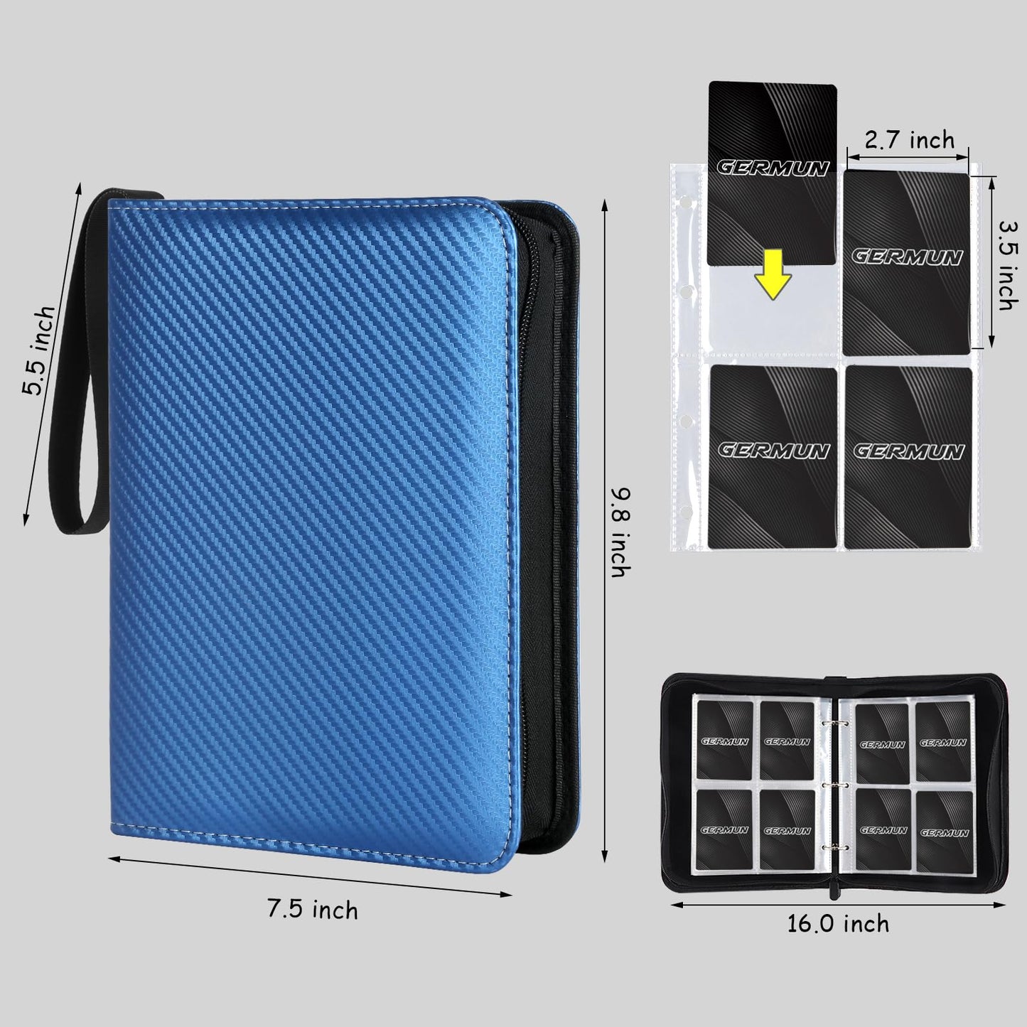 GERMUN 4 Pocket Card Binder  enhanced Zip Trading Card Binder  400 Double Sided Pocket PU Card Collection Binder  Collector Card Album  Card Folder for MTG  TCG  Sports Cards  Game Cards (Blue)