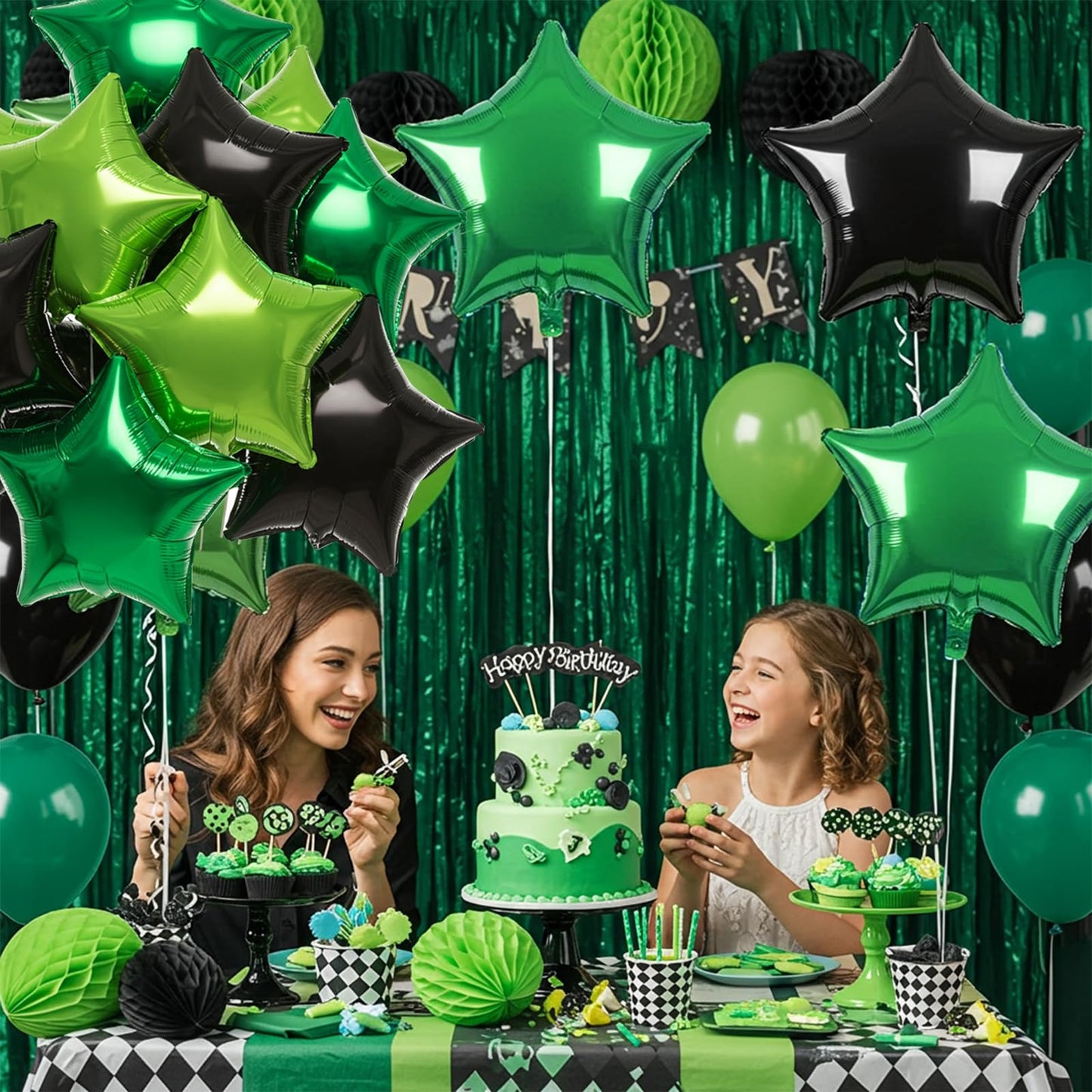 TONIFUL 15Pcs 18 Inch Large Green Black Star Shape Foil Balloons Big Stars Helium Mylar Ballons for Birthday Wedding Baby Shower