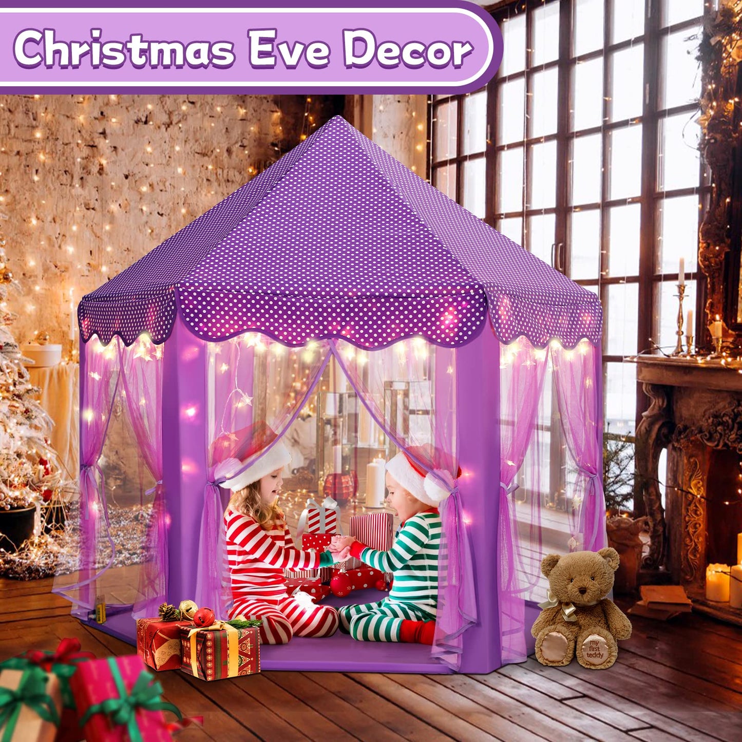 Purple Princess Castle Tent for Girls with Fairy Star Lights Play Tents for Kids Hexagon Playhouse Fairy Toys for Children or Toddlers Indoor or Outdoor Games