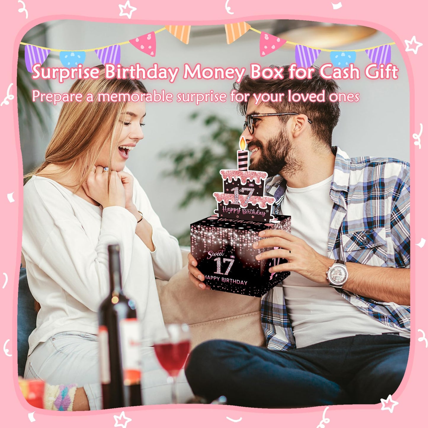 Meiidoshine Sweet 17Th Birthday Money Box For Cash Gift, Surprise Pull Out Money Gift Box With 100Pcs Transparent Bags - Fun Way