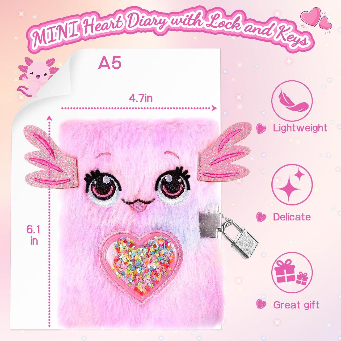 Prinbarbee Mini Axolotl Diary For Girls With Lock And Keys,4.7X6.1In Kids Journal School Travel Notebook Gift Set For Writing An