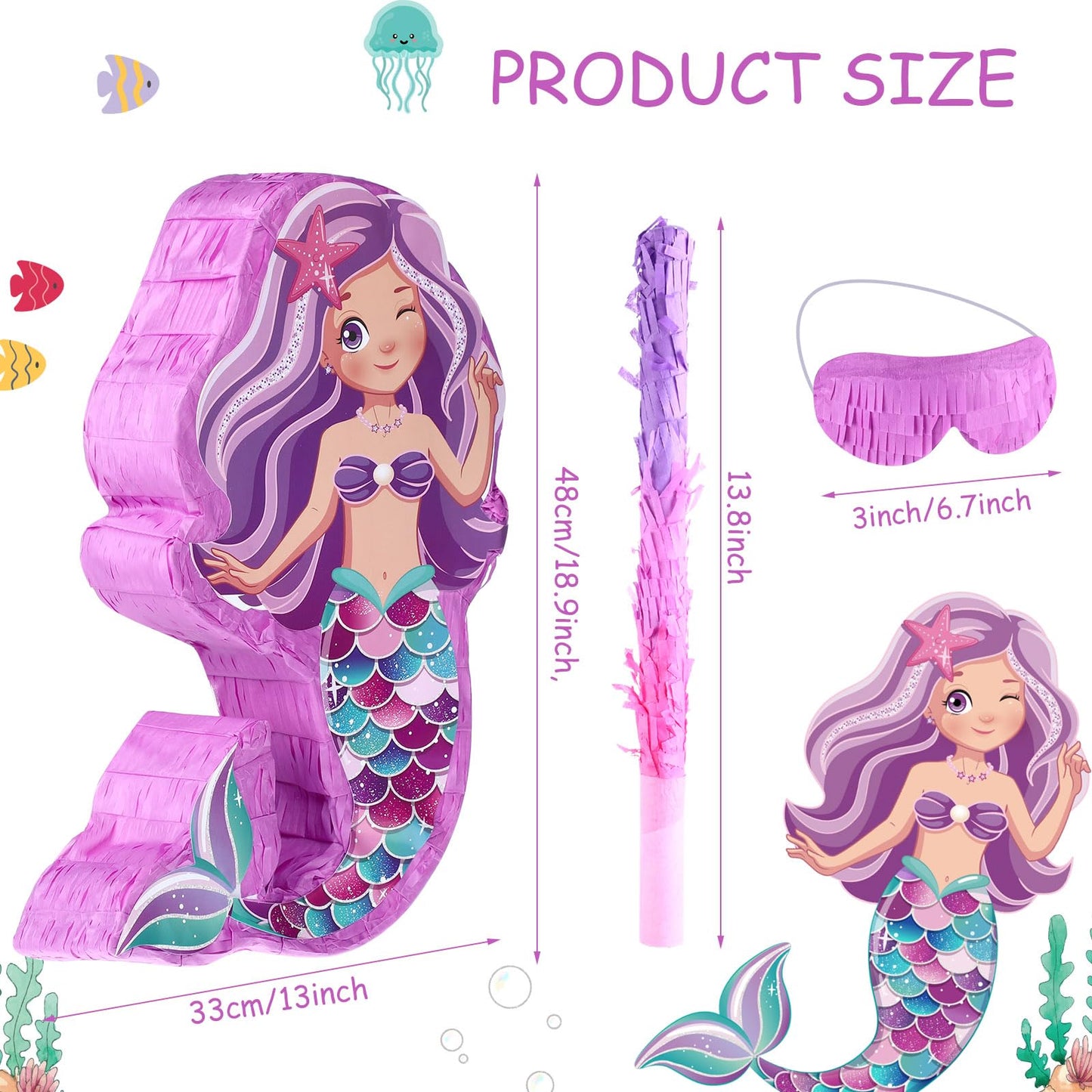 Suilung Mermaid Piata Bundle 18.9 Inch Mermaid Party Supplies with Blindfold, Bat and Filler for Under the Sea Mermaid Theme Bir