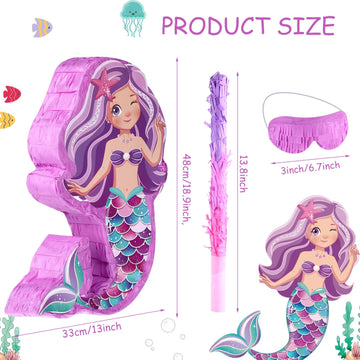 Suilung Mermaid Piata Bundle 18.9 Inch Mermaid Party Supplies with Blindfold, Bat and Filler for Under the Sea Mermaid Theme Bir