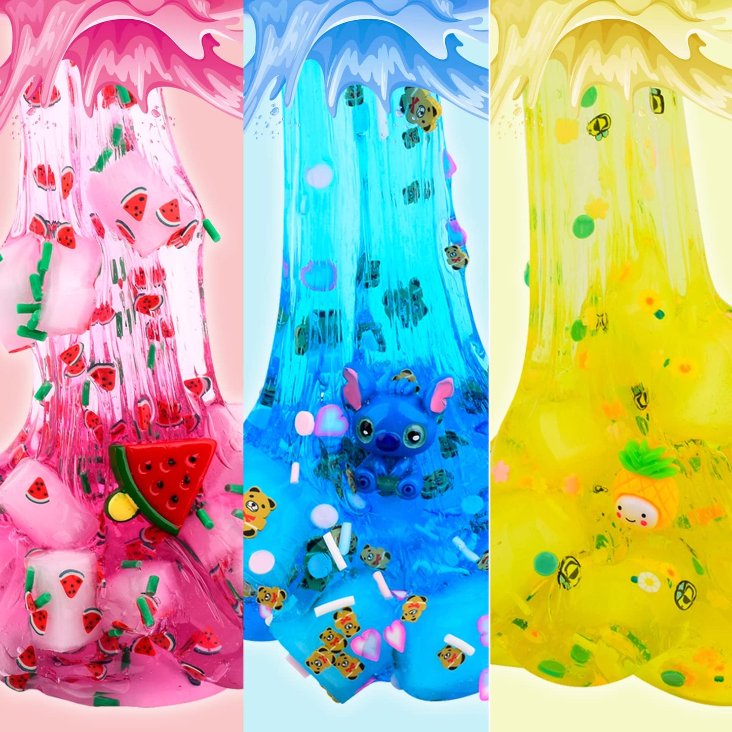 Keemanman Slime Kit - 3 Pack Jelly Cube Clear Crunchy Slime With Blue, Watermelon And Pineapple Charms, Preppy And Aesthetic Stuff, Cute Stress Toys And Cool Birthday Gifts Ideas For Girls And Boys