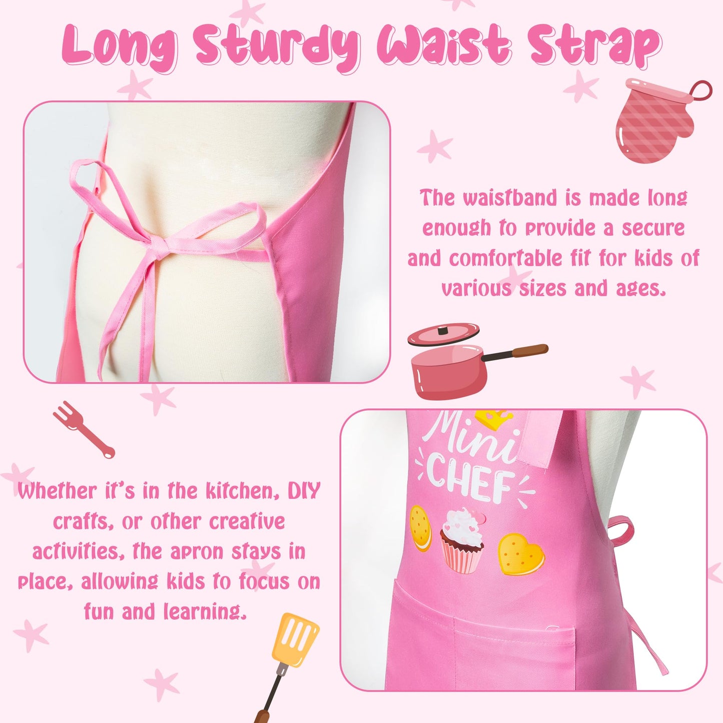 R HORSE Kid Apron and Chef Hat Set 2Pcs Adjustable Children Light Pink Kitchen Apron, Dress up Role Play Chef Toy Cooking Baking