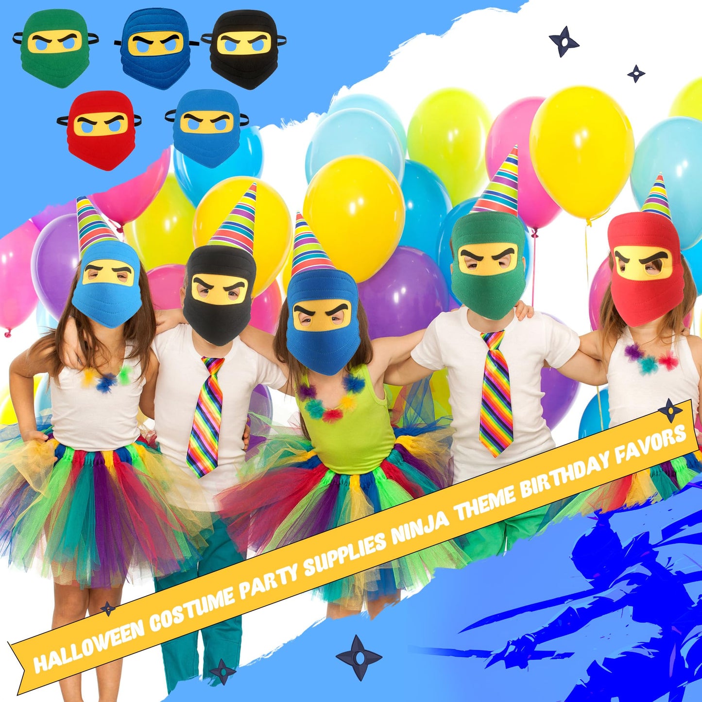 Rcanedny 20 Pieces Kids Ninja Masks Felt Elastic Cartoon Mask for Boys Girls Halloween Costume Party Supplies Ninja Theme Birthd