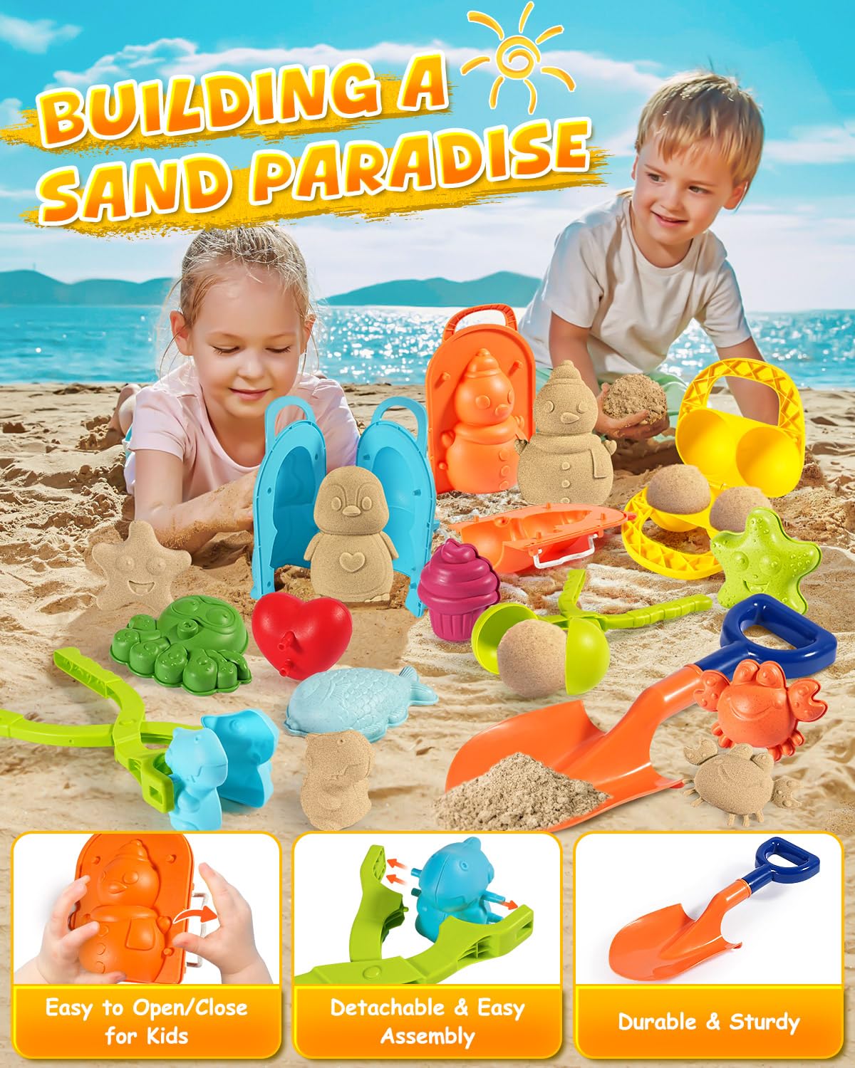 Lqyoyz Beach Toys Set For Kids- 18Pack Sand Toys For Toddler 3-10, With Shovels, Mesh Bag & Sand Molds, Travel Beach Sandbox Toy