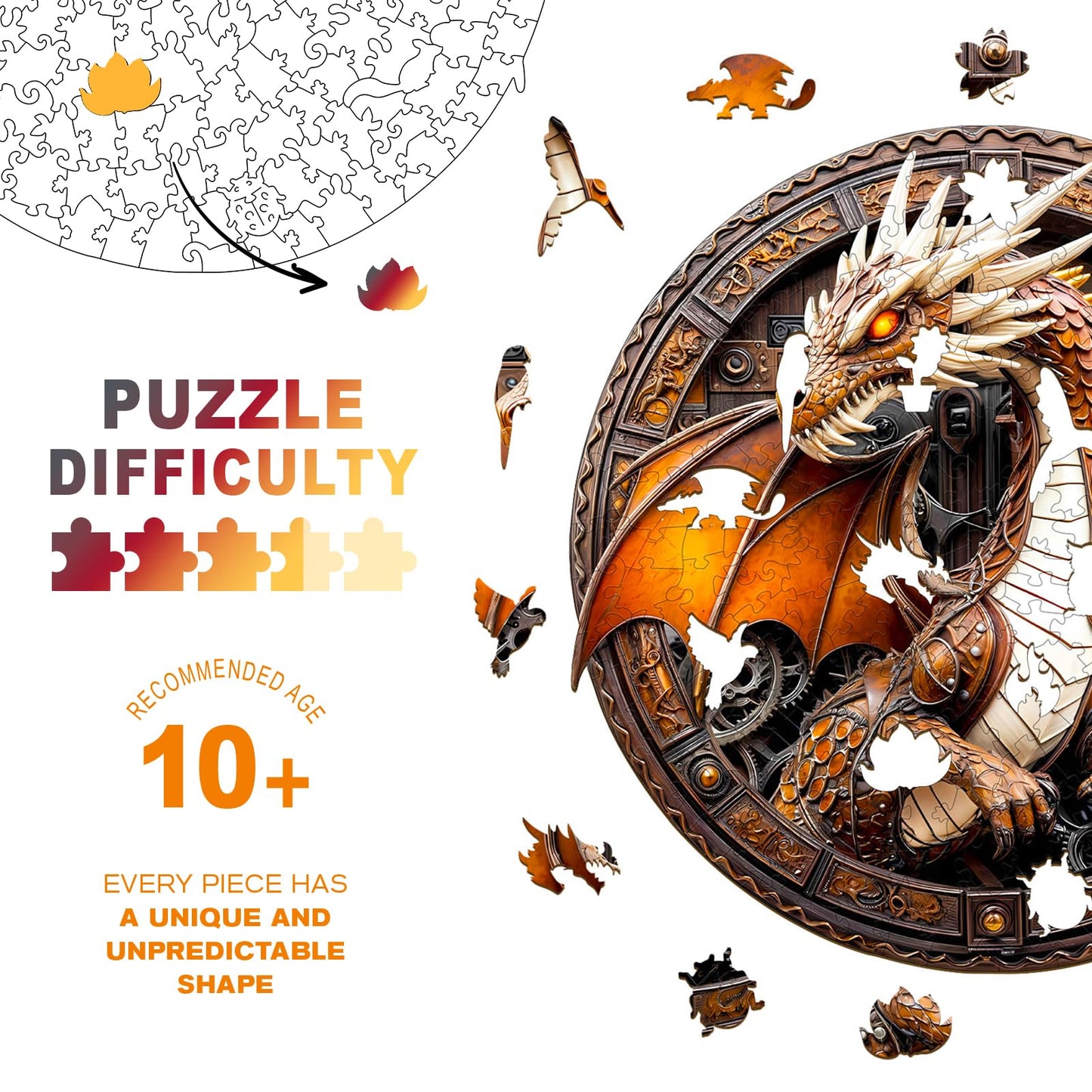 Wooden Puzzles for mature-themeds  Unique Animal Shaped Mechanical Dragon mature-themed Puzzle  3D Vision Wooden Jigsaw Puzzles mature-themed  Challenging Creative Gifts Family Games 11.4 * 11.4in 200pcs