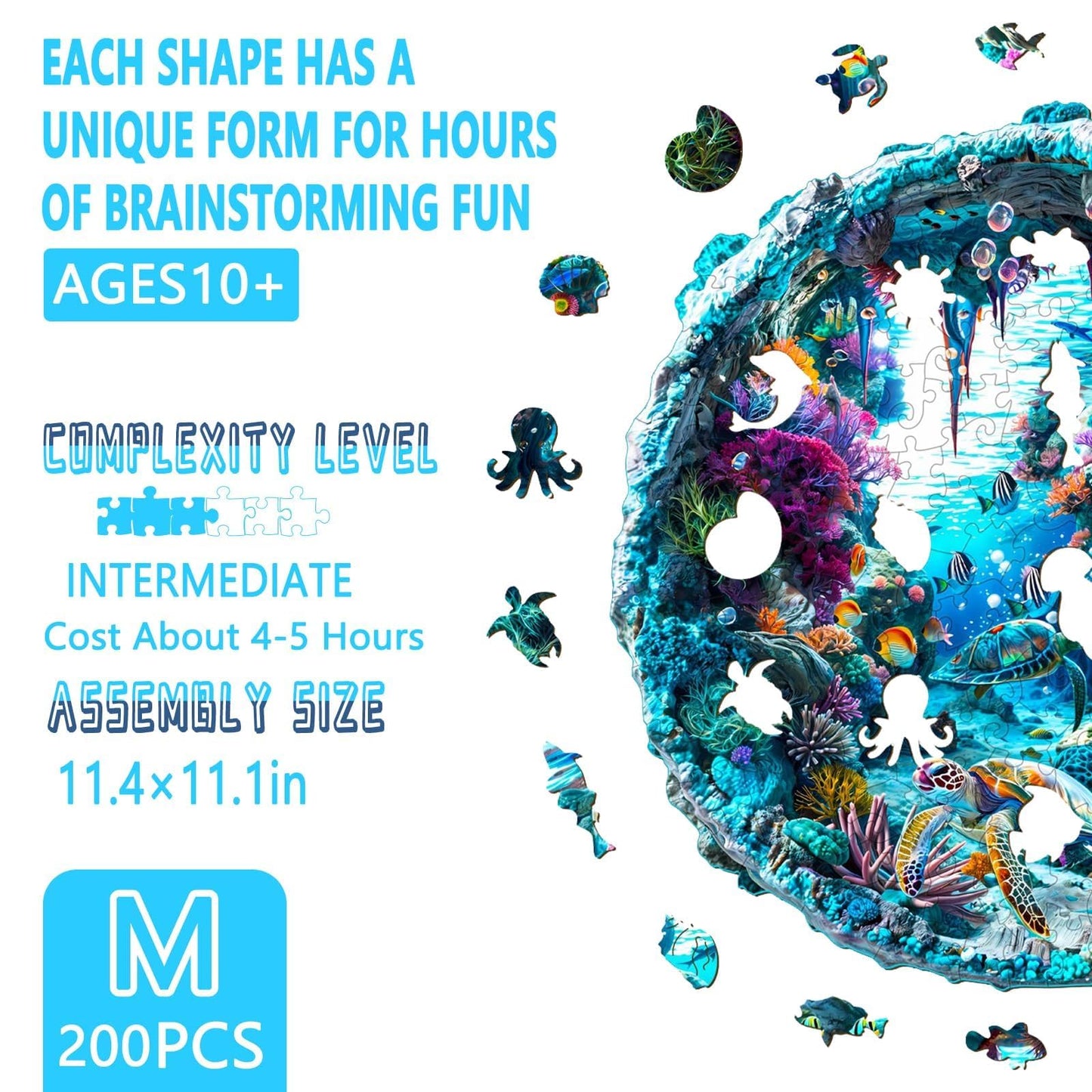 Wooden Puzzles for mature-themeds  Flat Puzzle with 3D Visual Effect  Seabed Wooden Jigsaw Puzzles for mature-themeds  Sea Turtle Wood Puzzles mature-themed  Unique Animal Shape  Wall Art Canvas Puzzle (M-11.4*11.1in-200pcs)