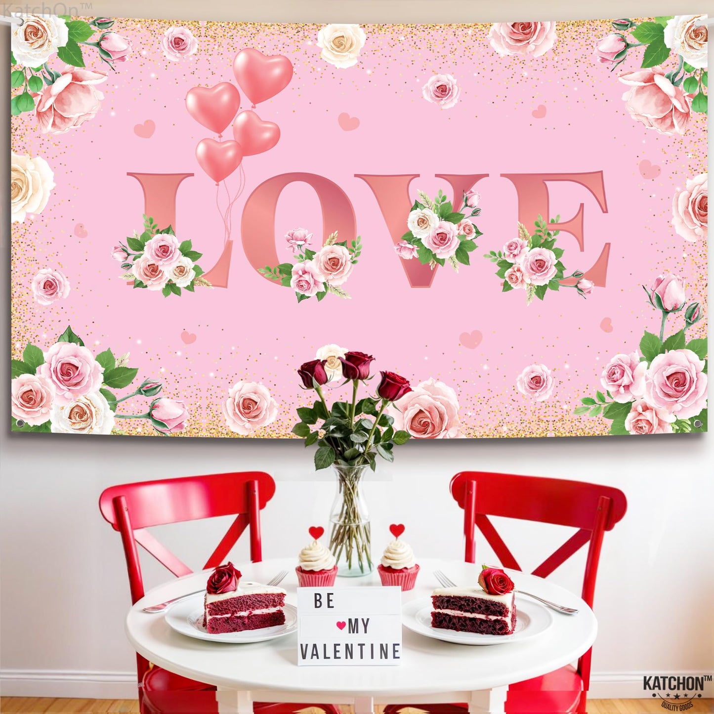 KatchOn, Pink Love Valentines Day Backdrop - XtraLarge, 72x44 Inch | Valentines Backdrops for Photography | Valentines Day Banne