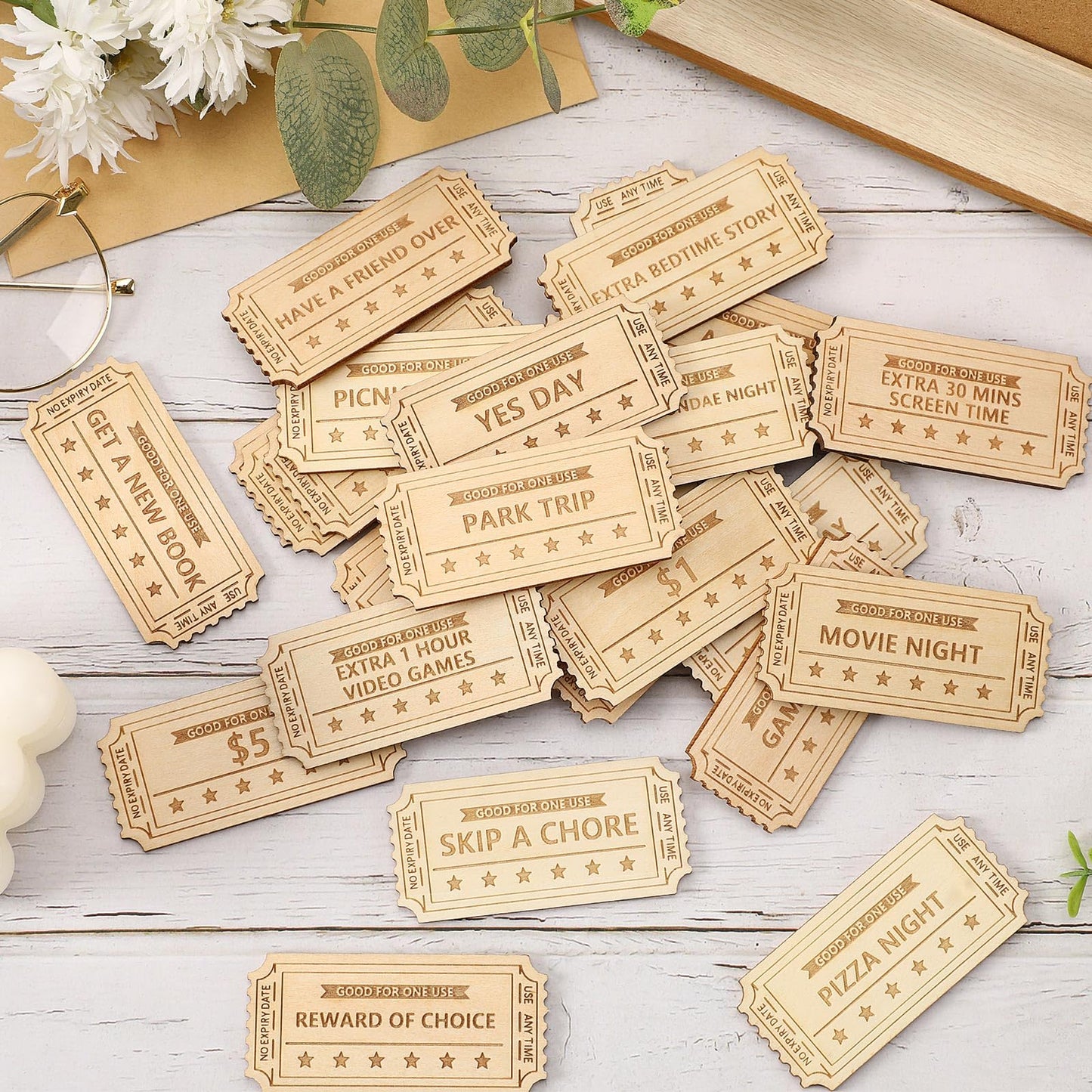Cypherx Kids Reward Tokens, Unique Birthday Wooden Tokens For Kids, 24 Redeemable Tokens + 3 Blank Diy Tokens, Coupon Shaped (No