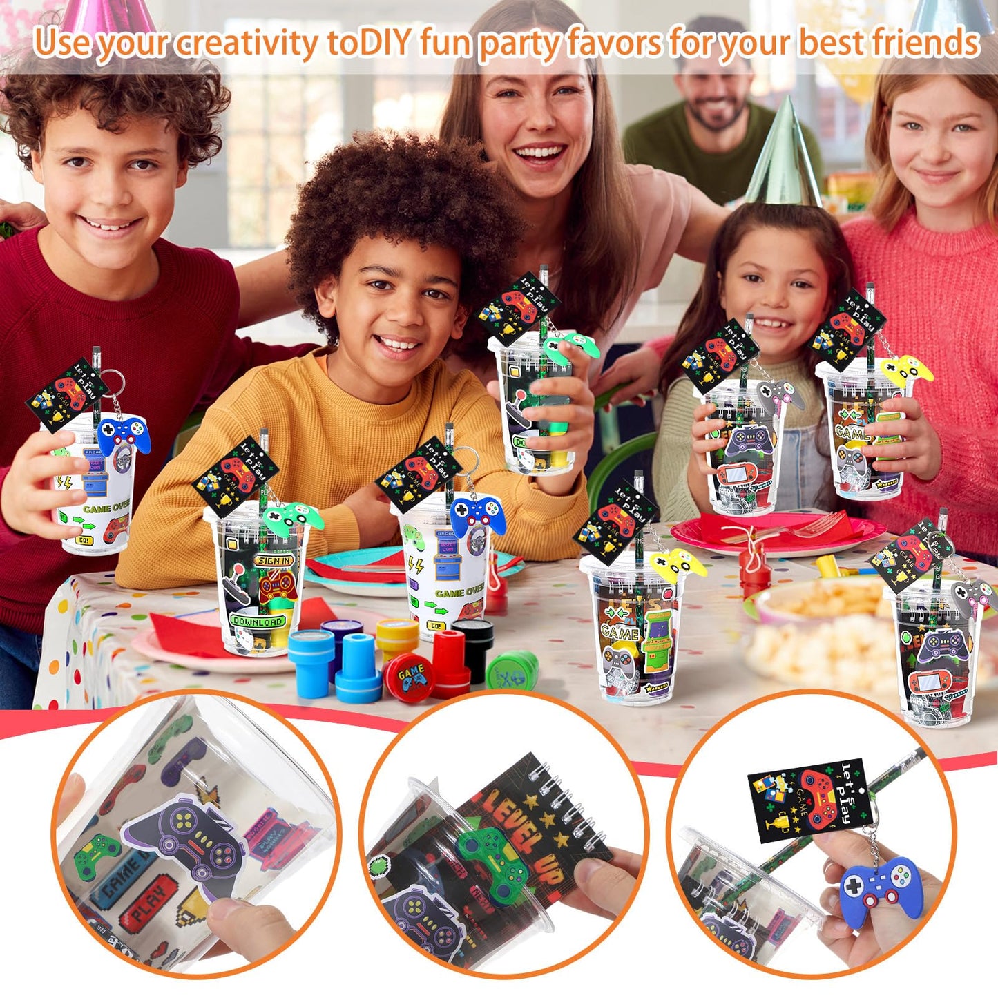 RoundFunny 133 Pcs Video Game Party Favors Gamer Birthday Party Decorations Gamer Cups Notebook Pencils Sharpener Keychain Slap