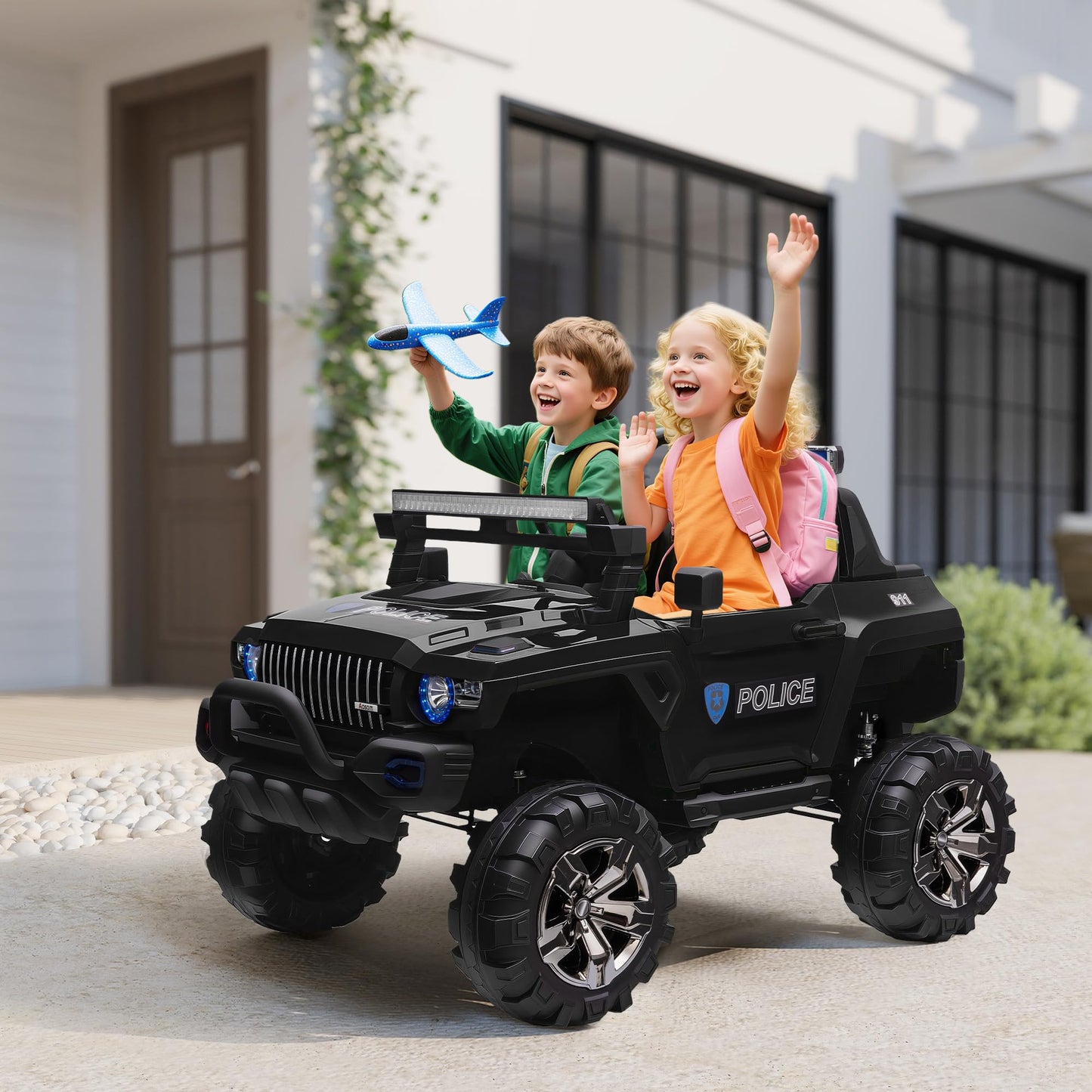 Aosom 53 L 2-Seater 12V Police Car Ride On Truck With Remote Control, Battery Operated Electric Car For Kids With Suspension, Mp