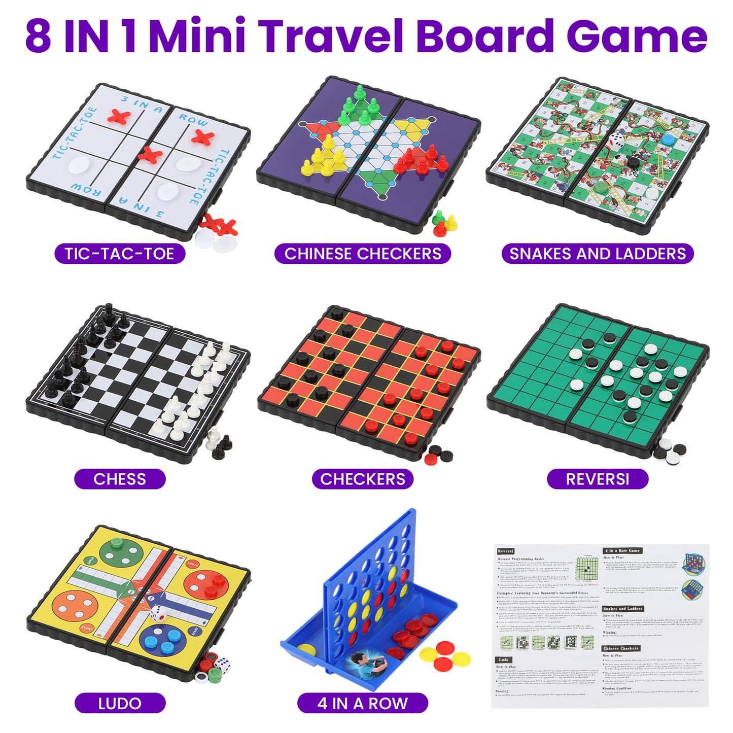 WinSTEM 8-in-1 Mini Travel Board Games Set, Magnetic Checkers, 5.2" Compact, ABS Plastic, Ideal for Family & Camping Fun