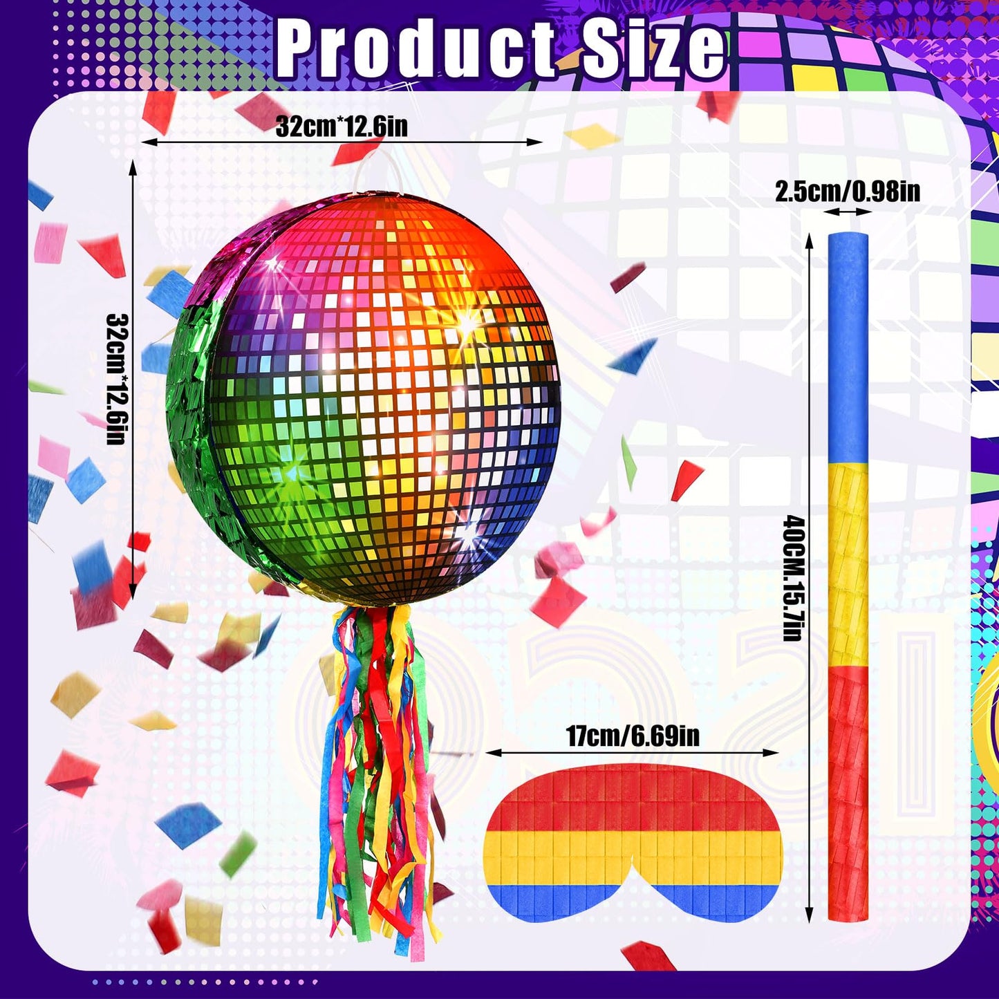 Aoriher Disco Party Pinata - Roller Skating Design, Rainbow Cardboard, Includes Blindfold, Stick, Confetti for 80s 90s Themed Events