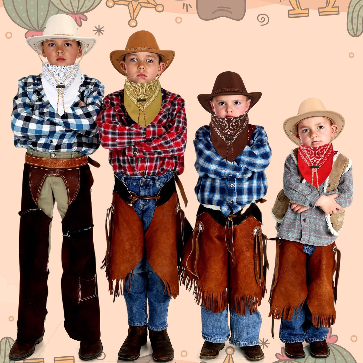 Unittype 20 Pcs Halloween Western Costume Cowboy Hats Set Kids Cowgirl Themed Party Felt Bandanna Hat with Paisley Bulk(Brown Se