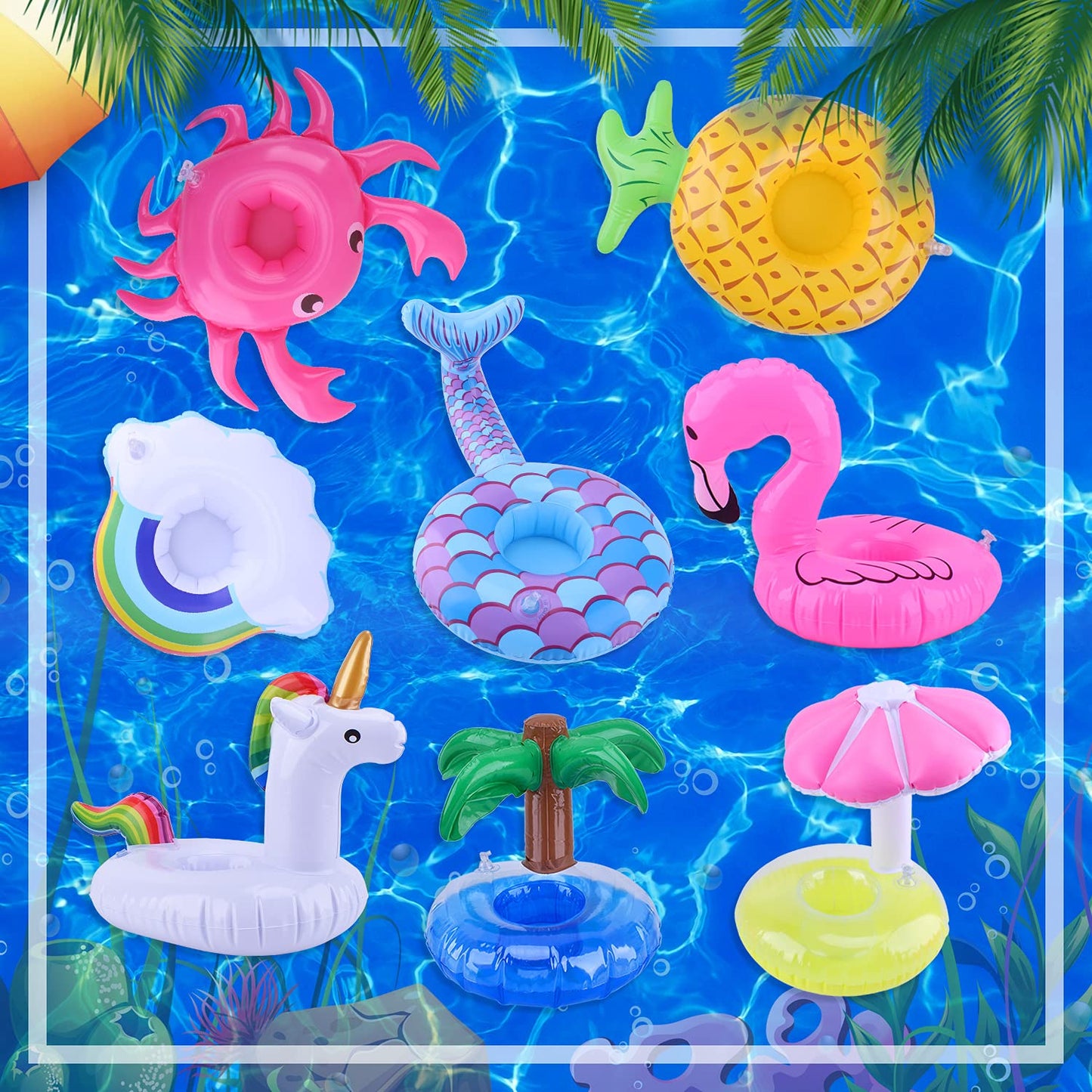 Blovec Inflatable Drink Floats - 8 Pack Drink Holders, PVC, 12.6"x6.3", with Air Pump for Summer Pool Parties
