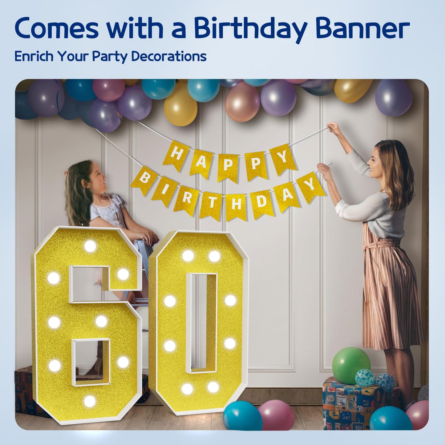 Imprsv Marquee Numbers Gold 60Th-Birthday Decorations: Large 3Ft Light Up Number 60 Birthday Decoration For Women Men Sixty Year