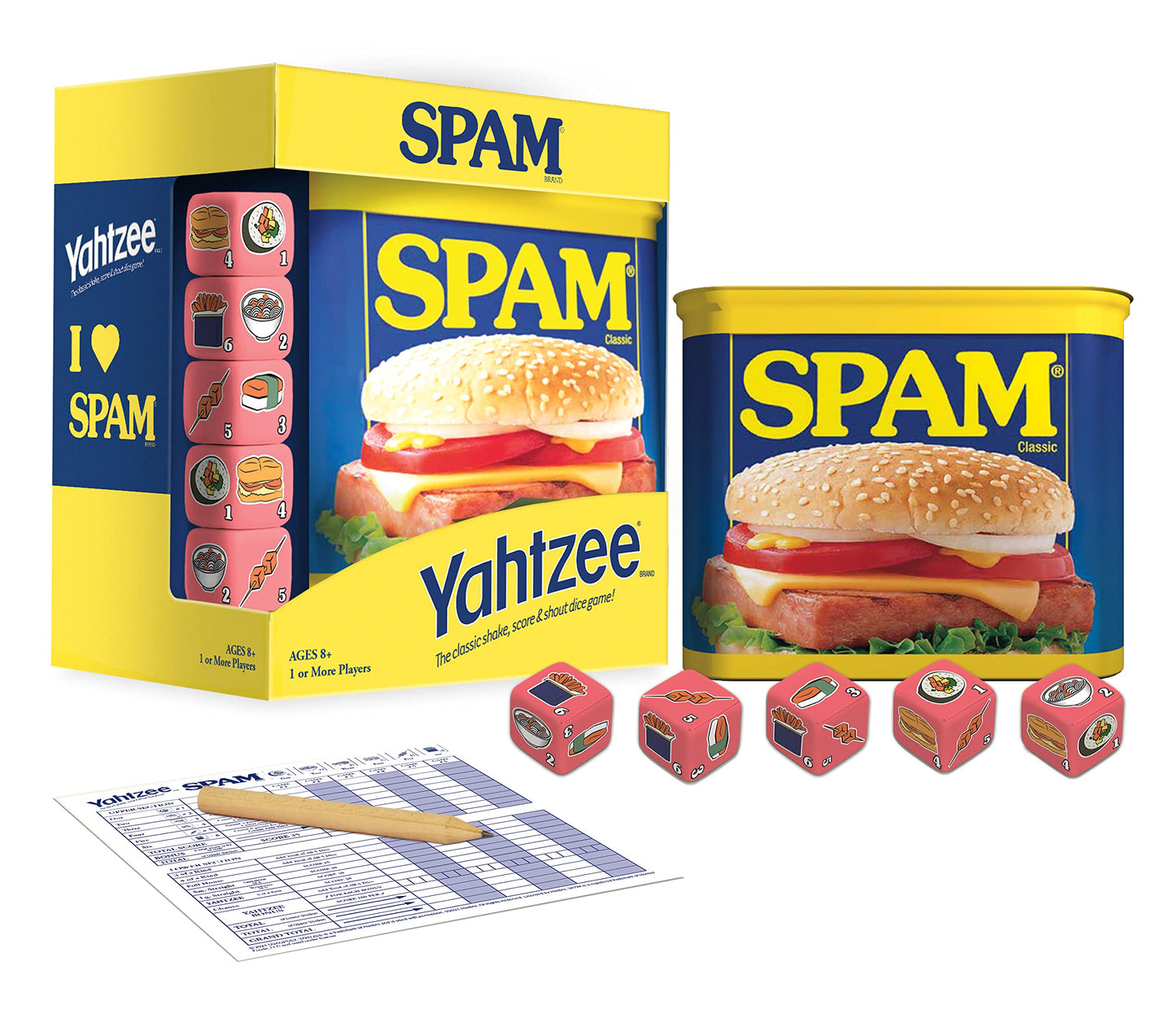 YAHTZEE Spam Brand | Collectible Yahtzee Game as Iconic Spam Can with Custom Dice | Dice Featuring Fried Spam, Spam Musubi, Spam