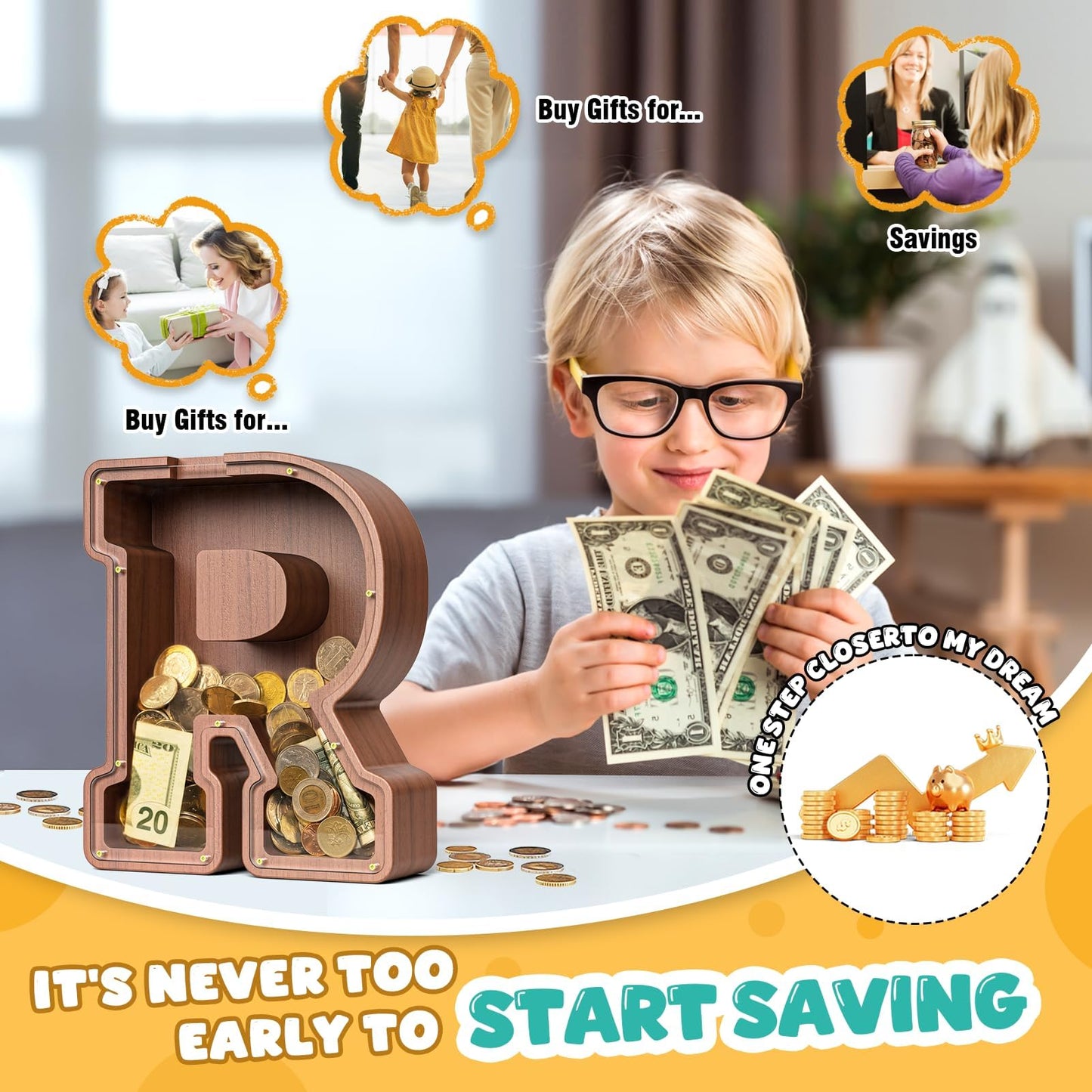 Summidate Wooden Letter Piggy Bank, Extra Thick 9" Capacity for Kids, Alphabet R, Durable Wood, Ideal for Birthdays & Festivals