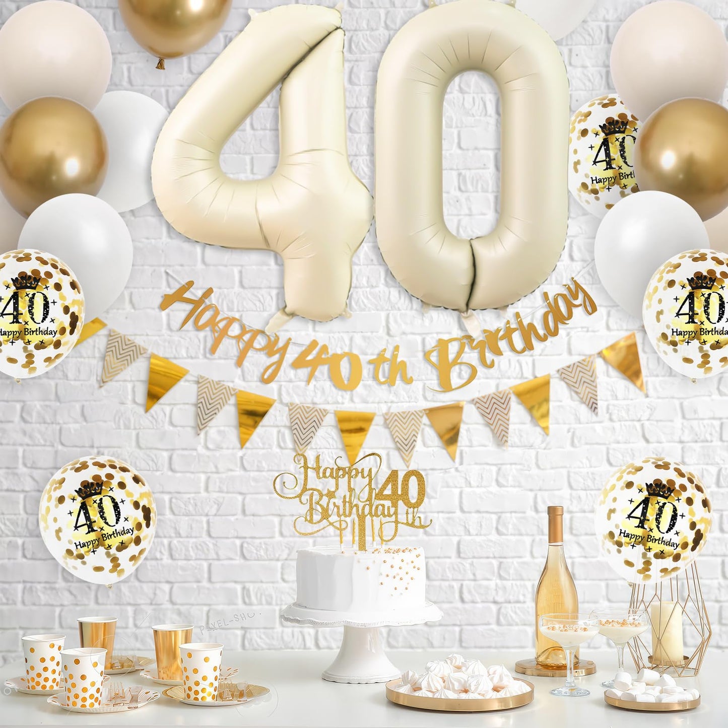 40Th Birthday Decorations Sand White Gold,40Th Birthday Balloons Beige Gold,Happy 40Th Birthday Banner With Cake Toppers Number