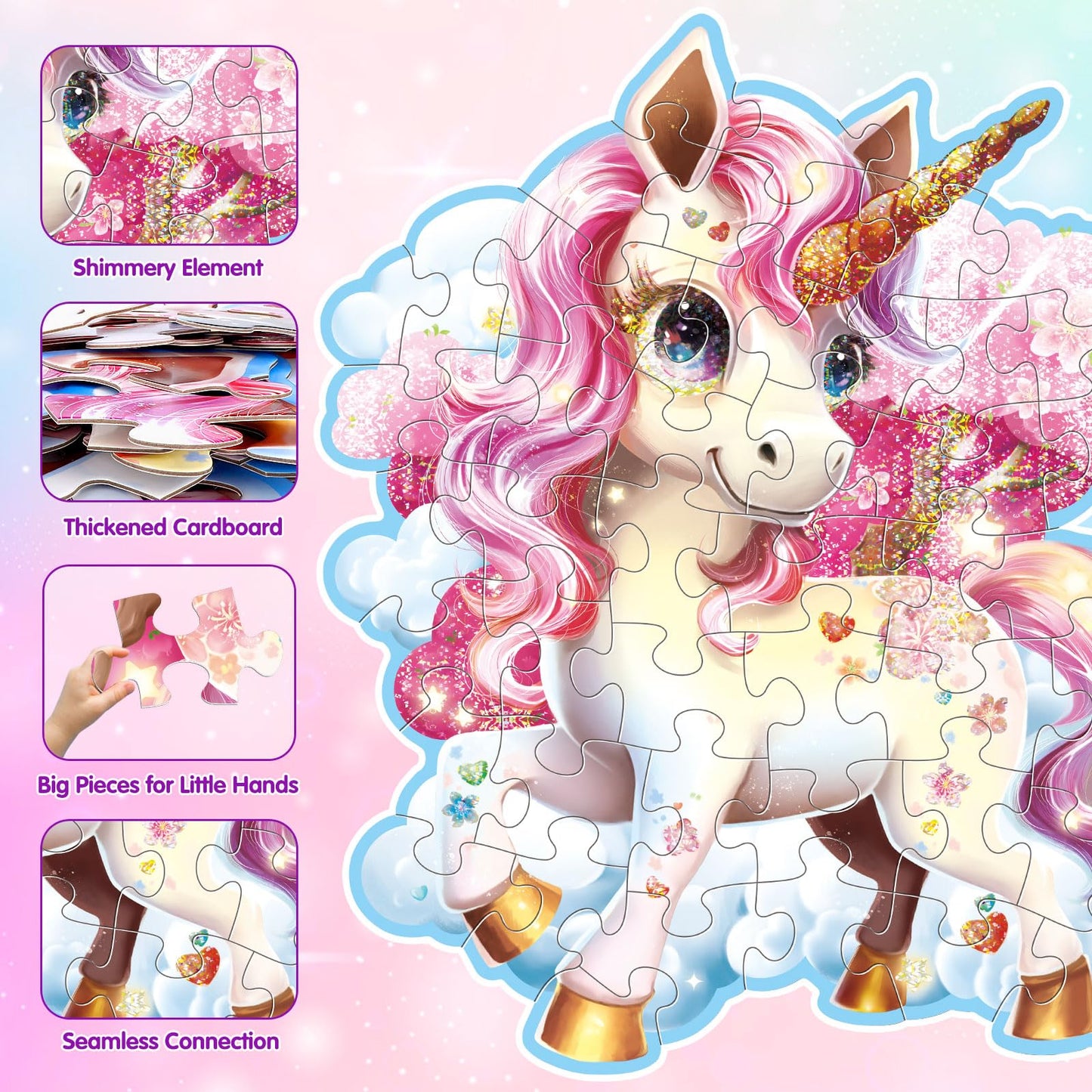 45Pcs Shimmery Unicorn Floor Puzzles For Kids Ages 3-5, Jumbo Jigsaw Puzzles For Kids Unicorn Puzzle For Toddlers Age 3+ Year Ol