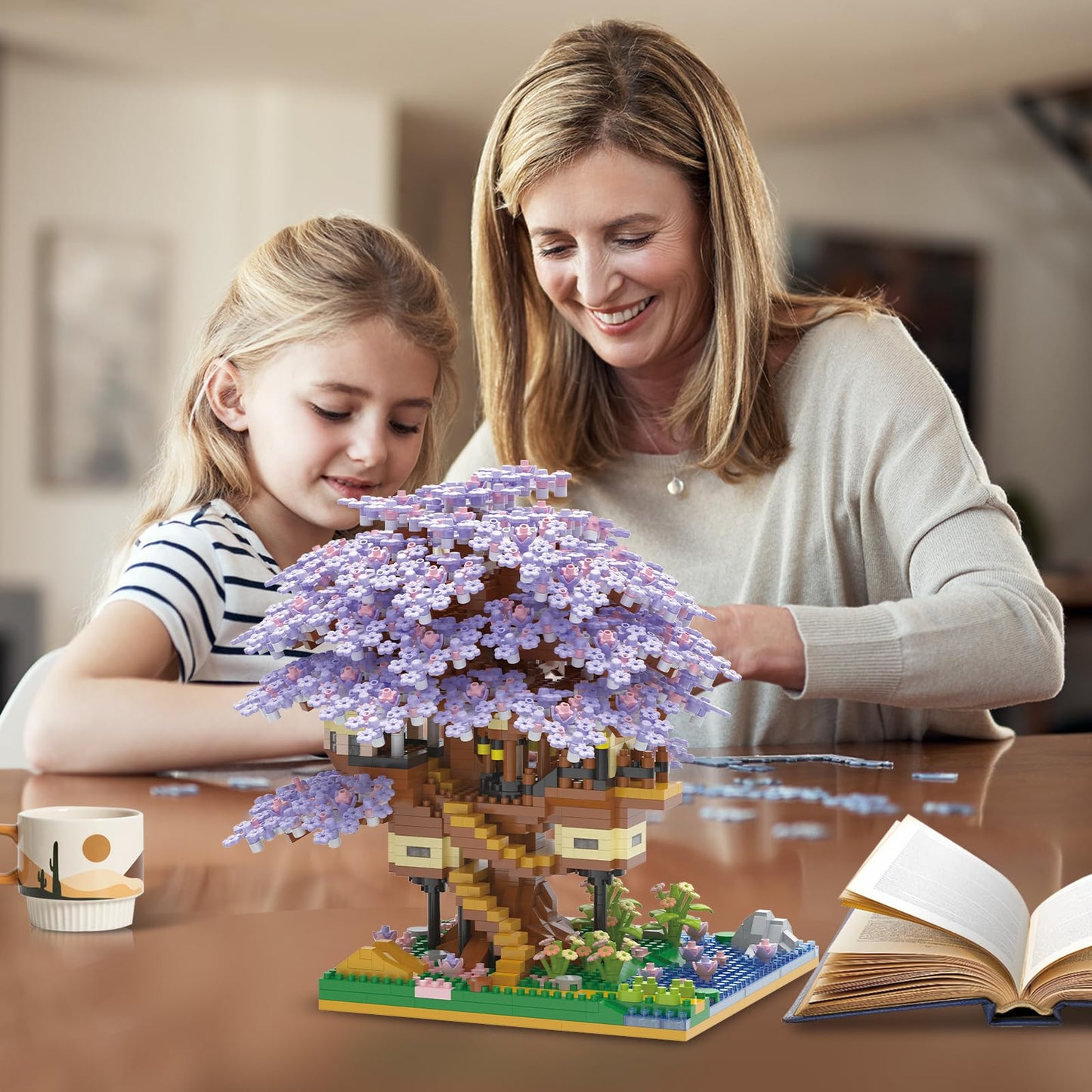 PQKIE Cherry Blossom Tree Building Set, 2229 Pcs Micro Blocks, Purple Bonsai Tree House, STEM Creative Toy for Kids and Adults