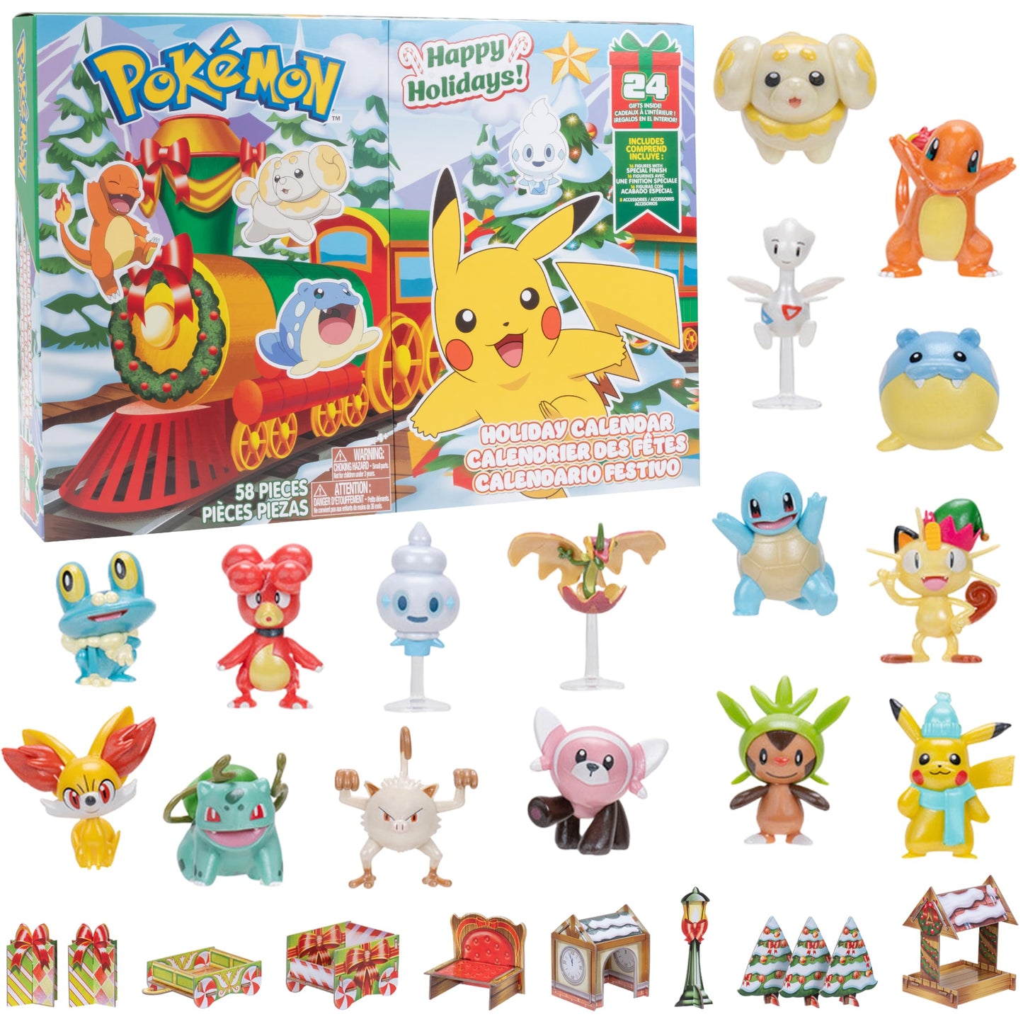 Pok?mon NEW 2024 Holiday Advent Calendar with 24 Gifts - Christmas Playset for Kids - Characters Include 2 Pikachu  Bulbasaur  Charmander & More - 16 Toy Figures & 8 Christmas Accessories - Officially Licensed - For Boys & Girls 4+