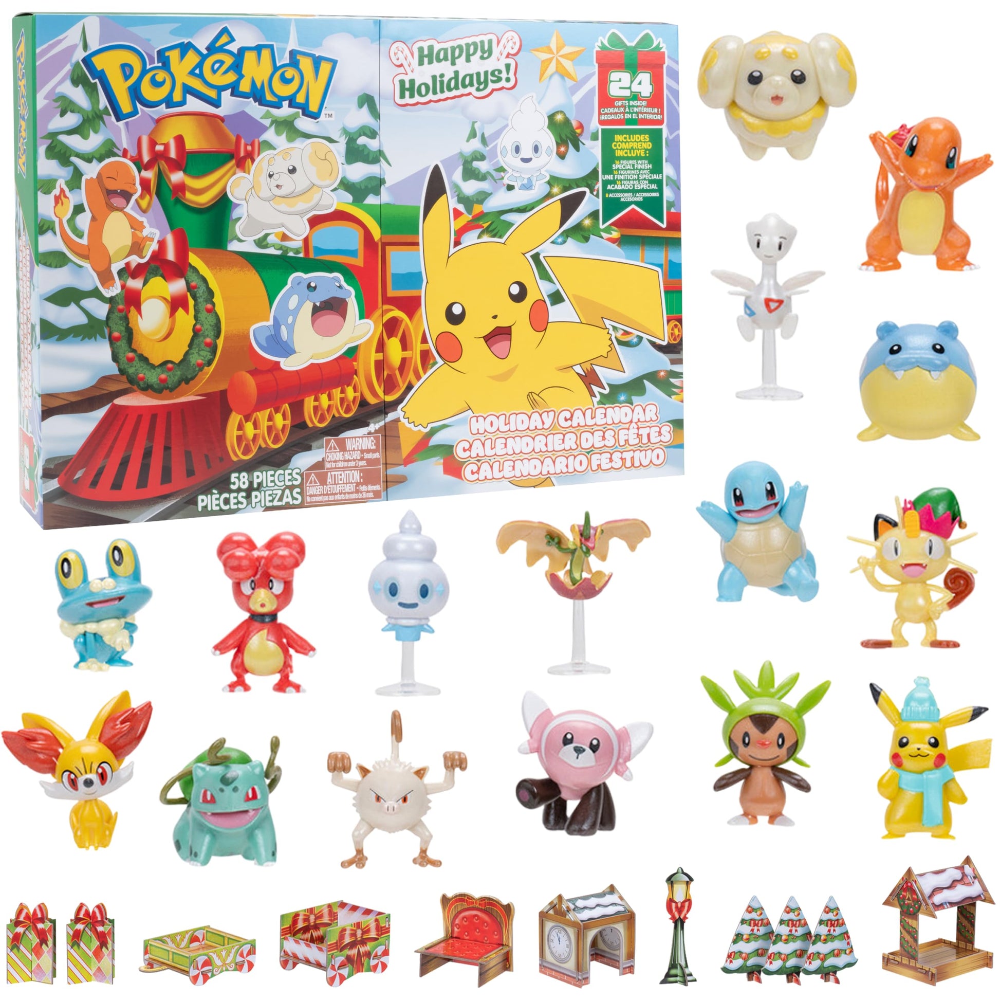 Pok?mon NEW 2024 Holiday Advent Calendar with 24 Gifts - Christmas Playset for Kids - Characters Include 2 Pikachu  Bulbasaur  Charmander & More - 16 Toy Figures & 8 Christmas Accessories - Officially Licensed - For Boys & Girls 4+