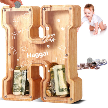 Ubeesize Large Piggy Banks Twenty-Six English Alphabet Letter For Boys Girls, Wooden Personalized Bills And Coins Bank Money Box,Diy Name Birthday Gift,Bedroom Living Room Decoration(H)