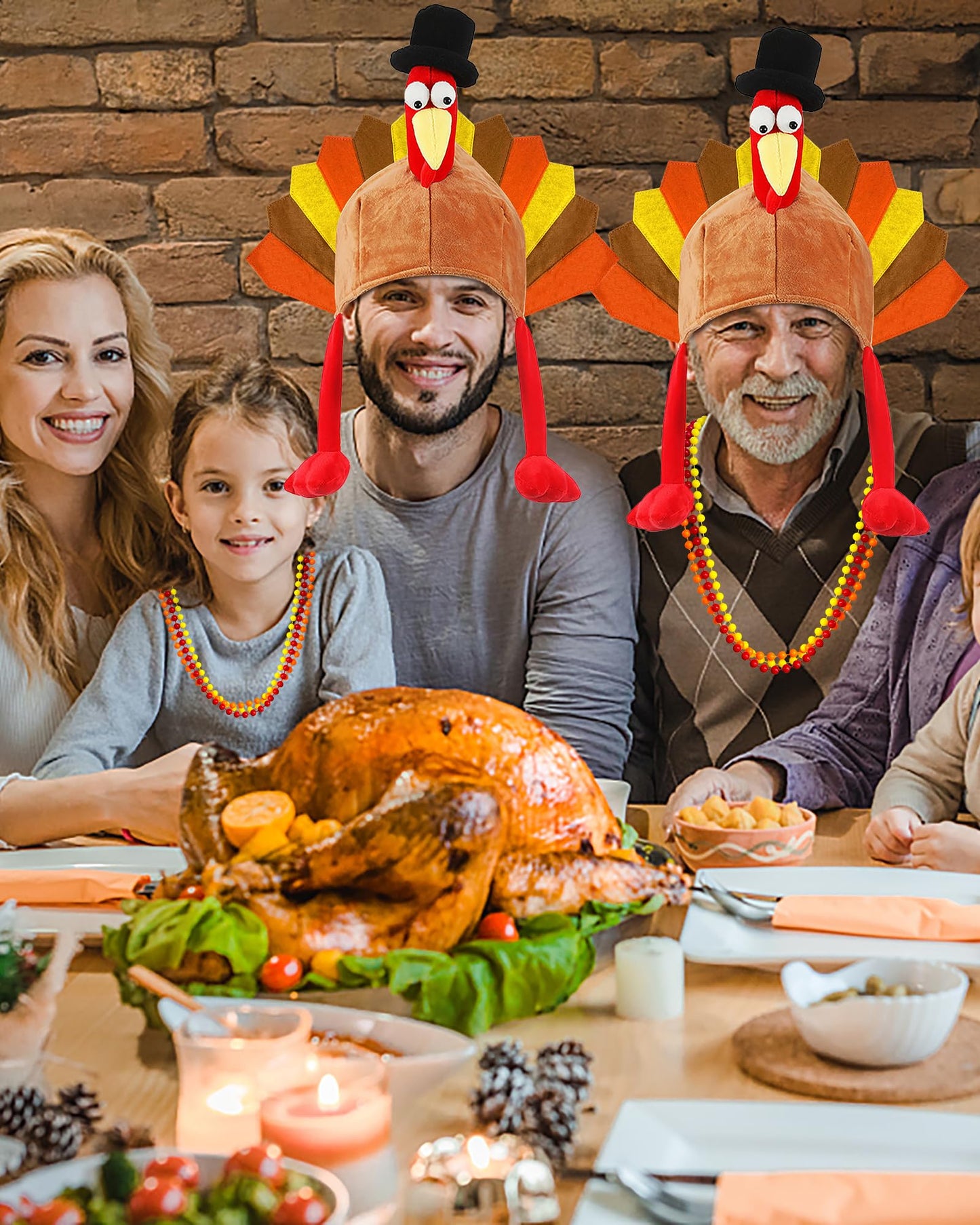 Hikkcos Thanksgiving Turkey Hat And 3 Packs Bead Necklaces Turkey Head Costume Plush Gobbler Hat For Thanksgiving Trot Dress Up