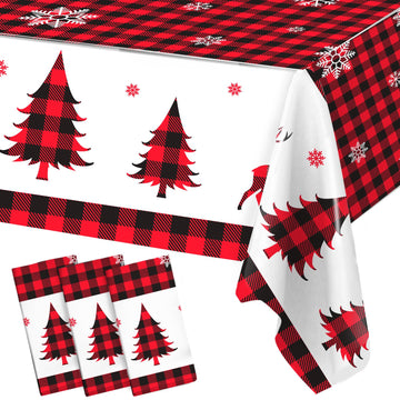 3PCS Christmas Tablecloth, Red and Black Buffalo Plaid Rectangular Plastic Christmas Tablecloth, Winter Snowflake and Reindeer D