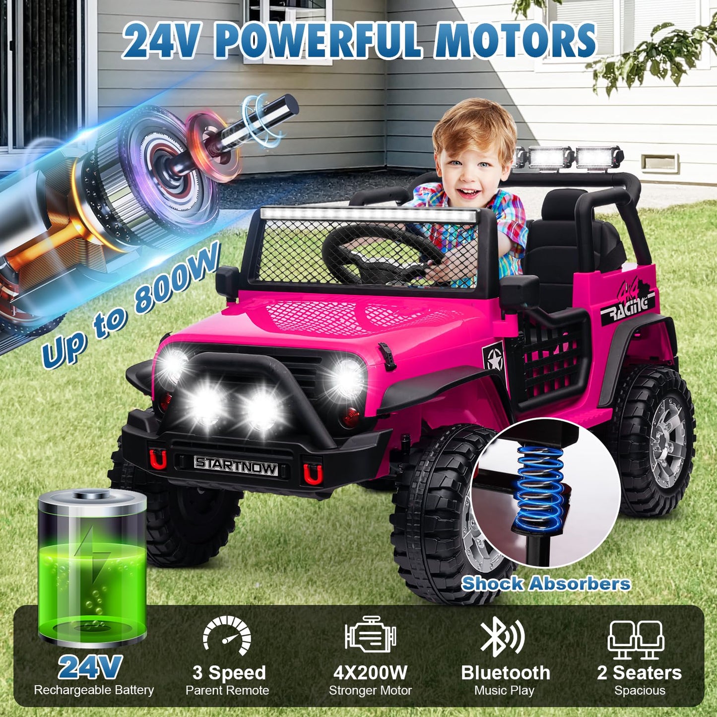 MOEYURO 24V 4WD 2 Seater Ride on Car Power 4 Wheels w/4X200W Motor, Remote Control, 3 Speeds, Bluetooth Music, Spring Suspension