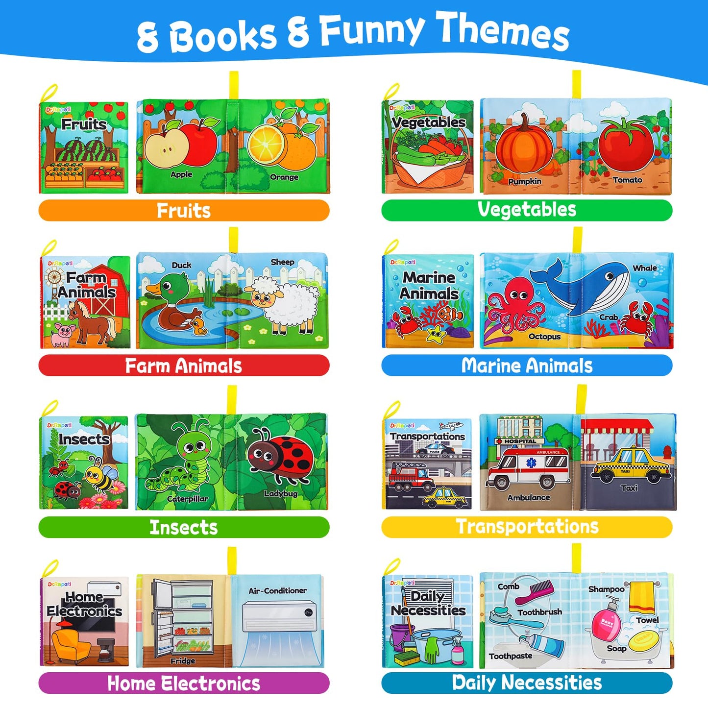 Dr.Rapeti Soft Cloth Books Baby Books Bath Books 8-Pack For Baby Infant Toddler Kid Crinkle Washable Chewable Early Educational Preschool Learning Giftable