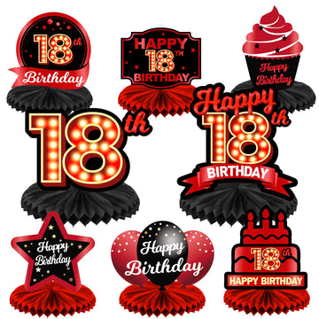 Happy 18Th Birthday Red And Black Table Honeycomb Centerpieces Balloons Theme Decor Table Decorations Table Toppers For Girls Women Princess 18 Years Old Birthday Party Bday Supplies Background Gold
