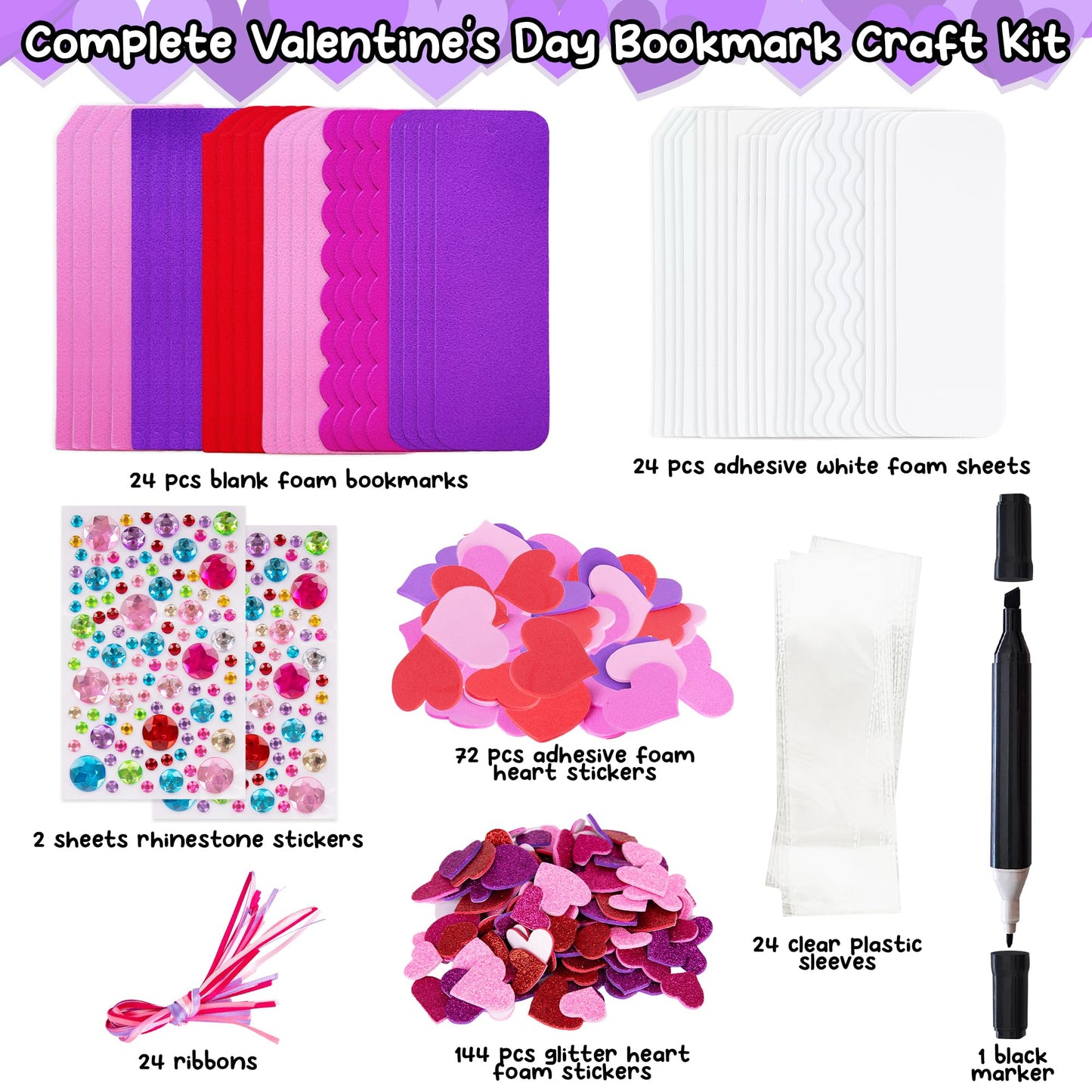 ArtCreativity 314 PCS Valentines Day Bookmark Craft Kit - Makes 24 Bookmarks - Valentine Crafts for Kids Classroom - Valentines