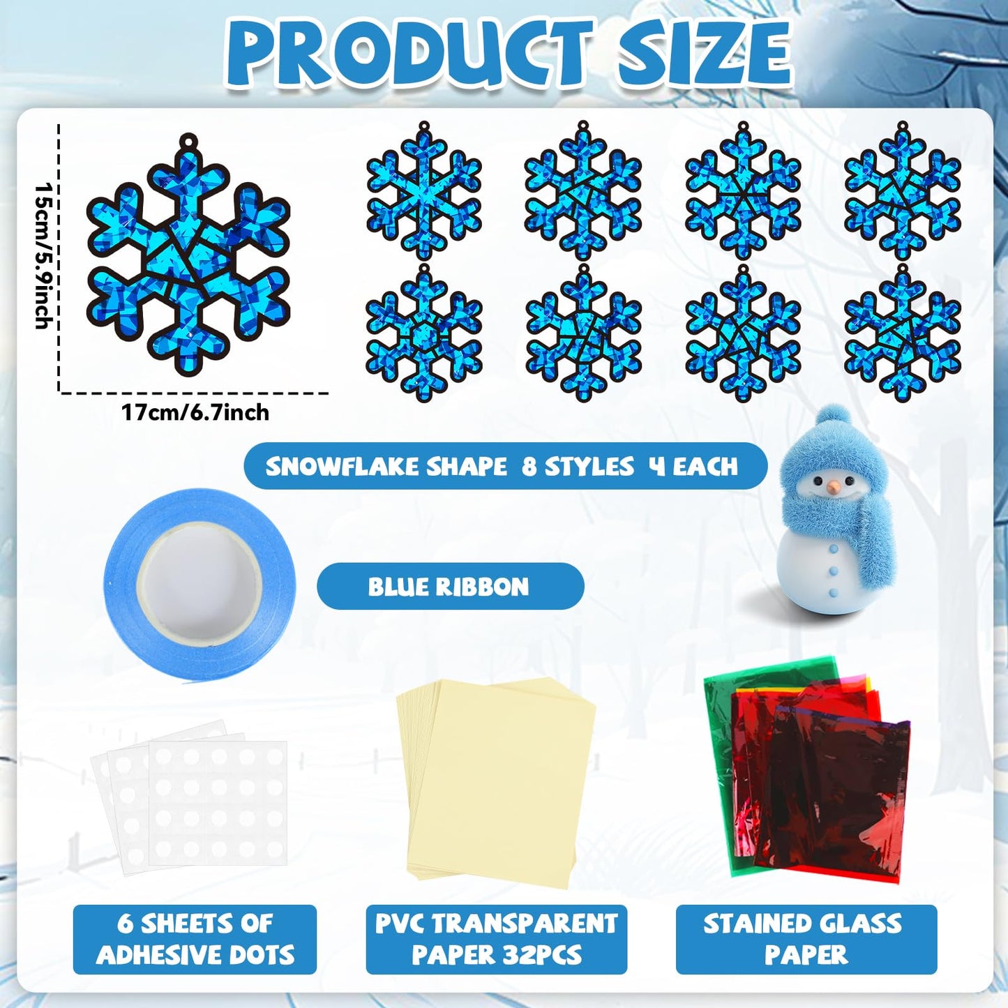 32 Sets Winter Snowflake Suncatchers Craft Kit DIY Window Stained Glass Effect Wintertime Snowflake Paper Crafts Home School Cla