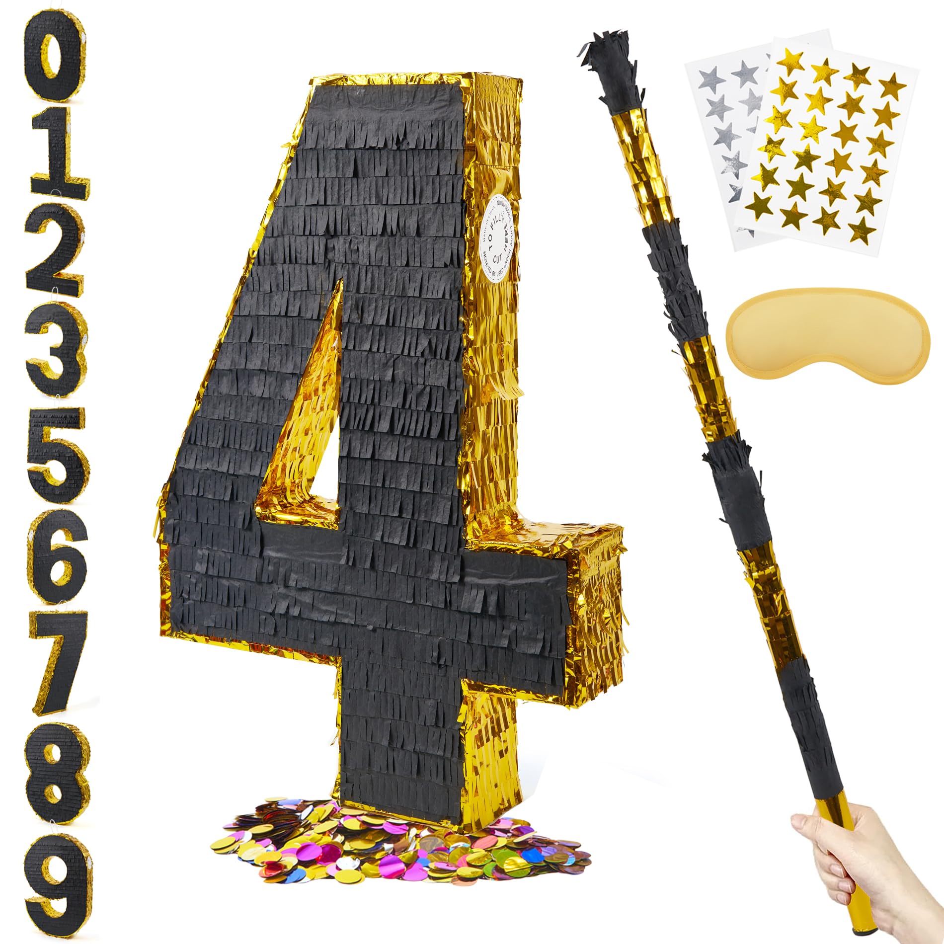 PCFING 20 Inch Number 4 Piata Gold Black with 30 Inch Piata Stick Blindfold Confetti for Man Women Kids Birthday Party Decoratio