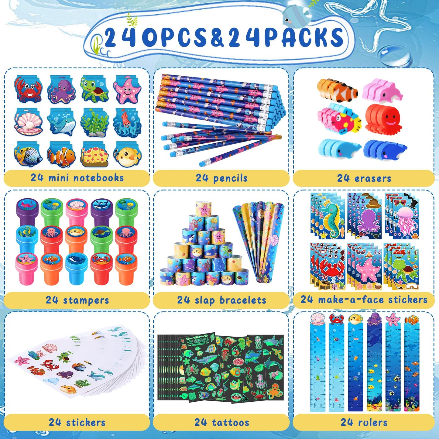 BenLouis Ocean Animals Party Favors - 240Pcs Stampers & Stickers for Kids - School Supplies, Shark & Mermaid Themes, Model BL108