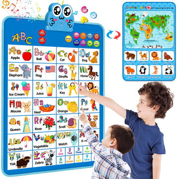Electronic Interactive Double-Sided Alphabet Wall Chart, Talking Abc & 123 & Music & Learning Poster, Educational Toddlers Toys For Ages 3-4 Kids Gift, Best For Preschool Boys & Girls(Blue)