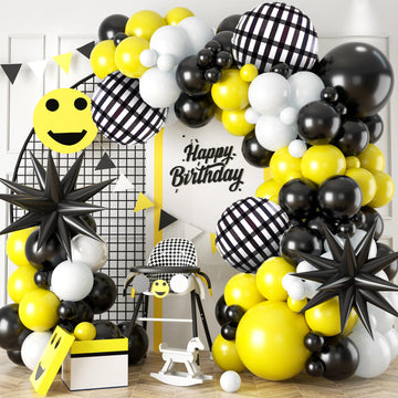Black White Yellow Balloon Arch Kit,One Happy Dude Balloons Garland Kit With Black White Checkered Star Balloons For One Happy Dude Birthday Boys 1St Birthday Party Decorations